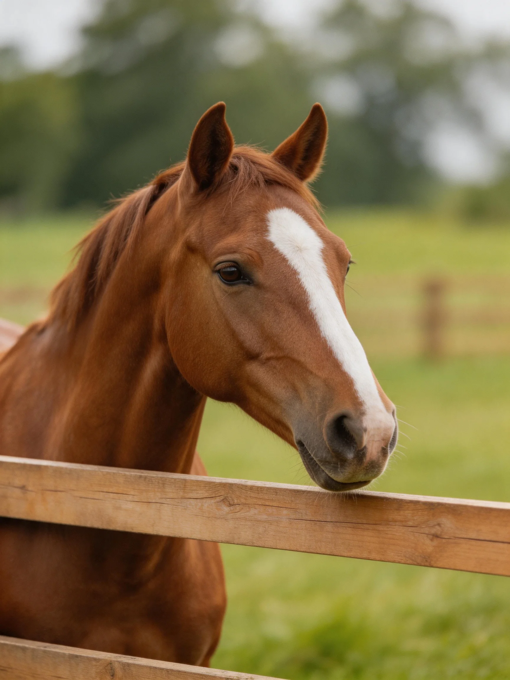 A chestnut horse with a white blaze near a wooden fence in a green pasture