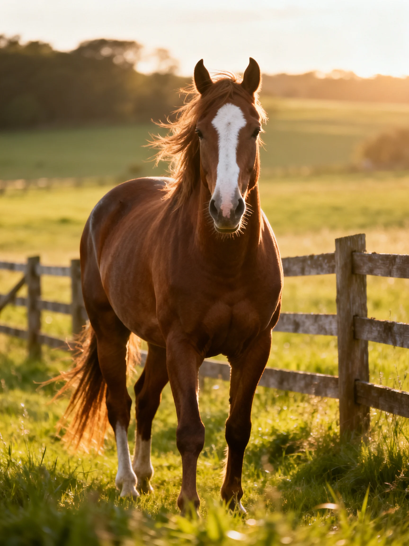 A chestnut horse with a white blaze walks past a wooden fence in a sunlit pasture.