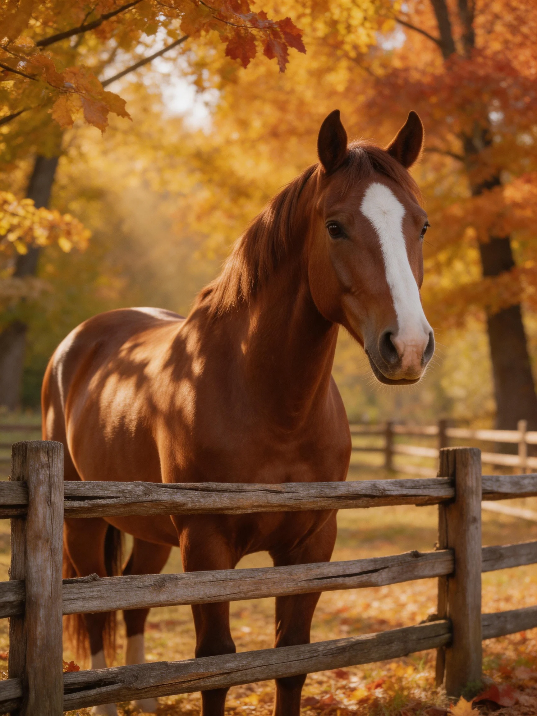 A chestnut horse with a white blaze near a wooden fence in autumn