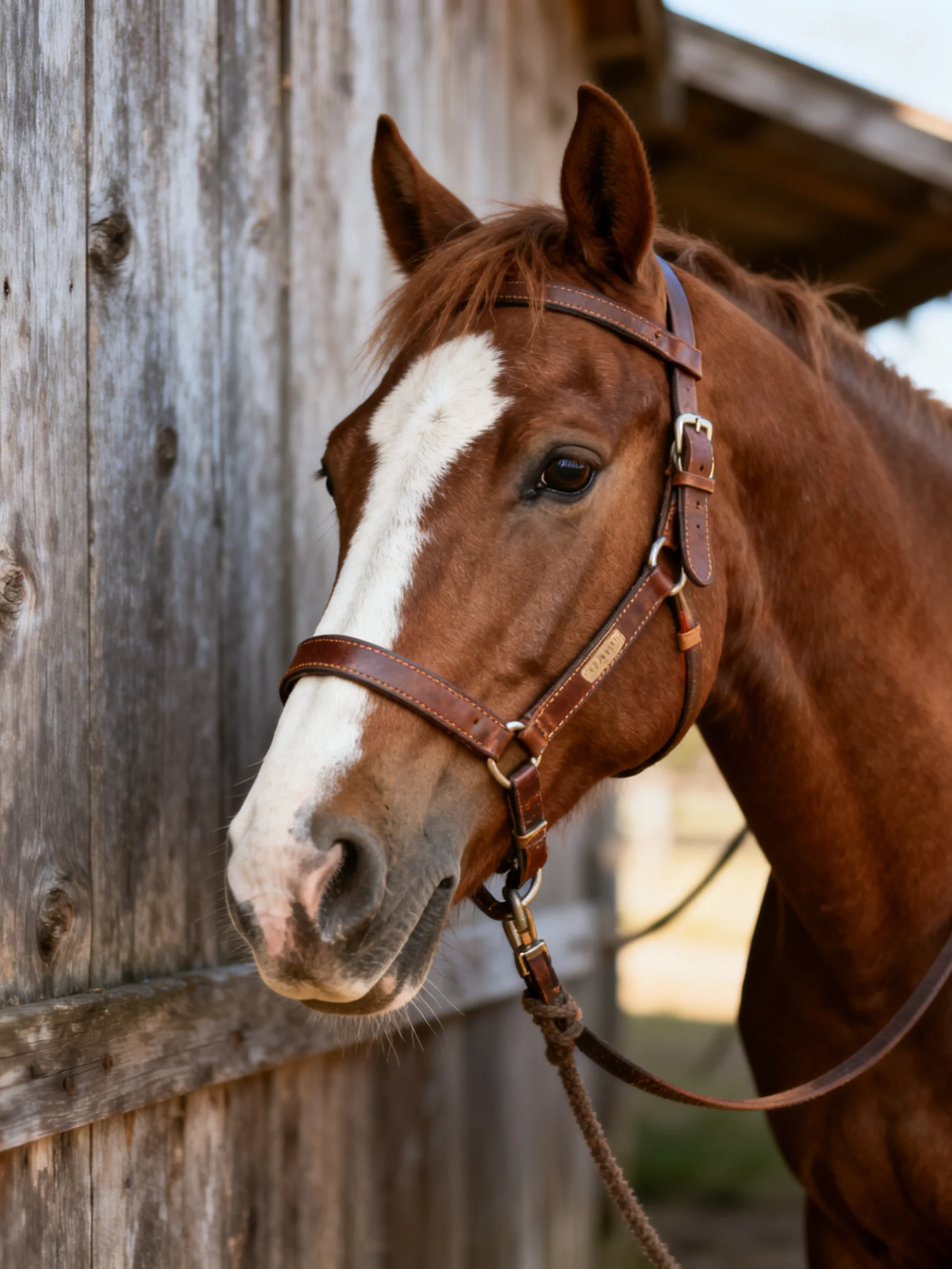 A chestnut horse with a white blaze stands by an old wooden structure.