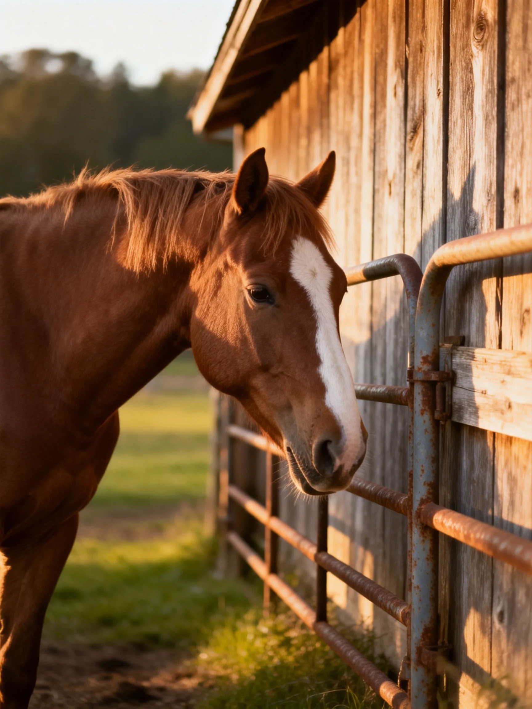 A chestnut horse with a white blaze near an aged wooden barn