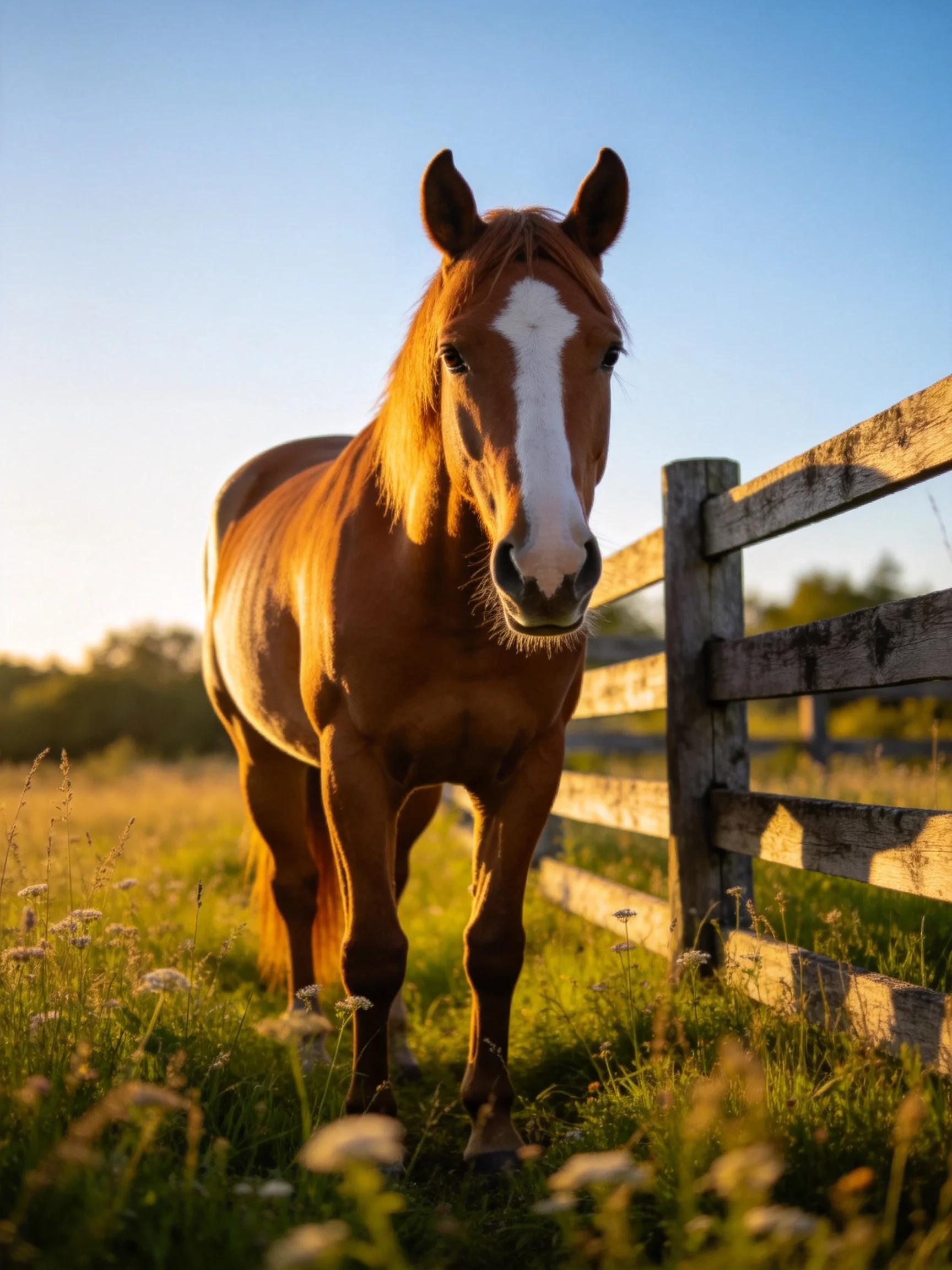 A chestnut horse stands near a wooden fence in a sunlit meadow.