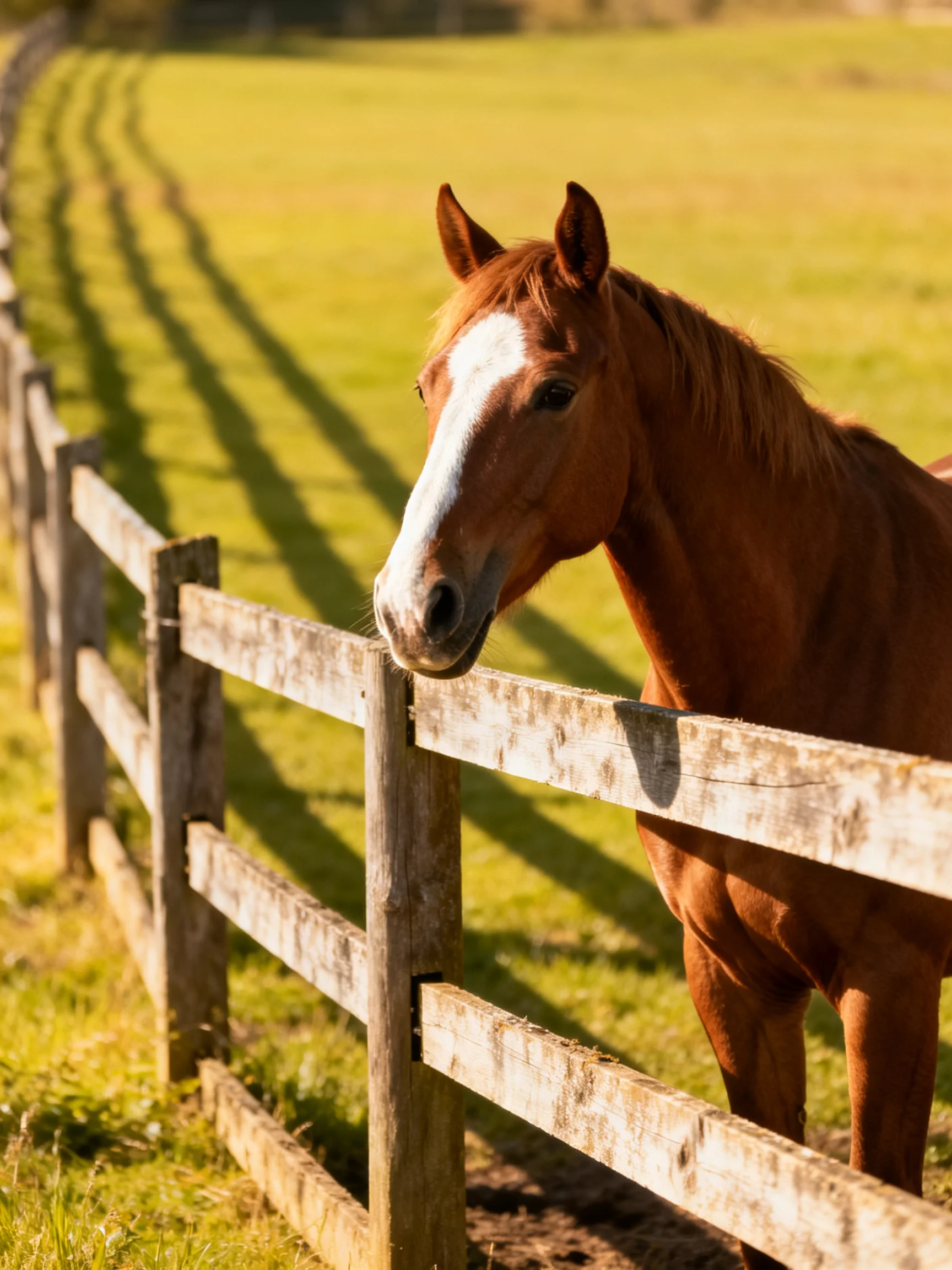 A chestnut horse with a white blaze stands by a wooden fence in a sunlit field.