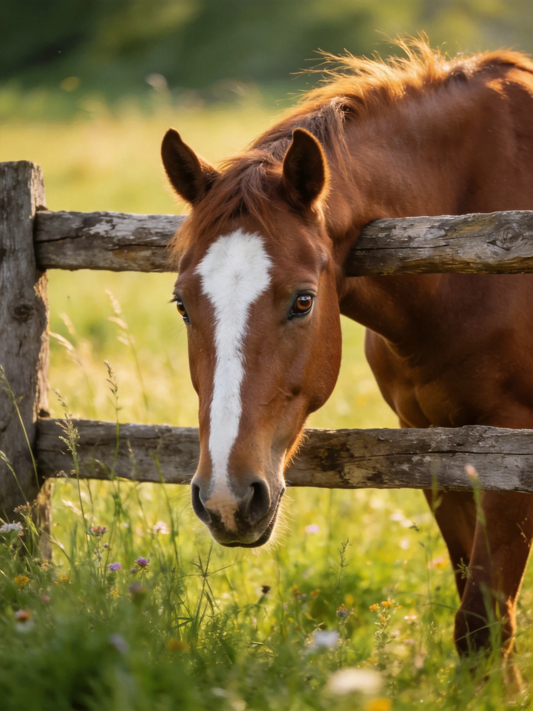 A chestnut horse with a white blaze near an aged wooden fence in a sunlit meadow