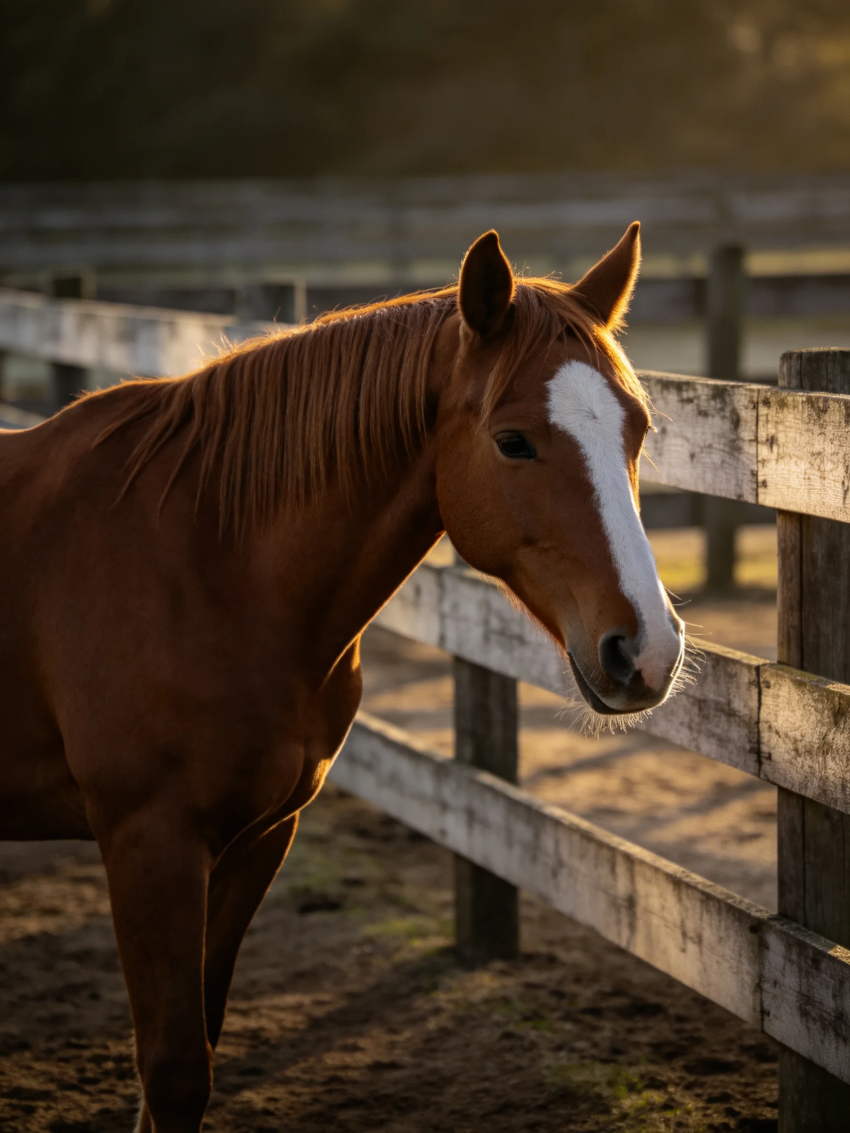 A chestnut horse with a white blaze near an aged wooden fence