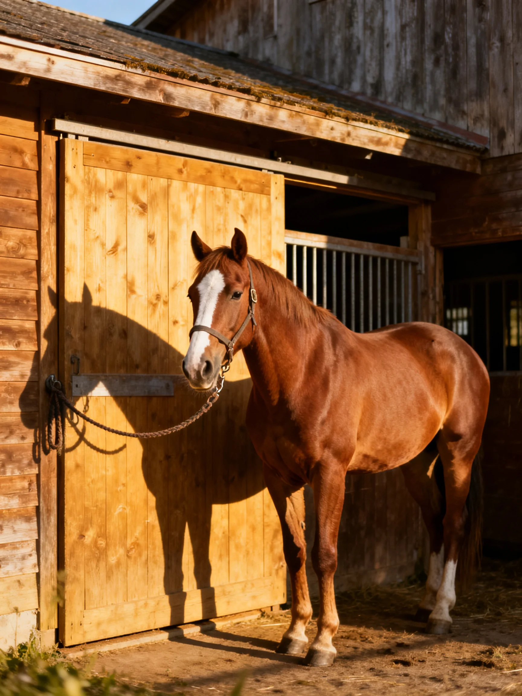 A chestnut horse with a white blaze stands beside a large wooden stable door.