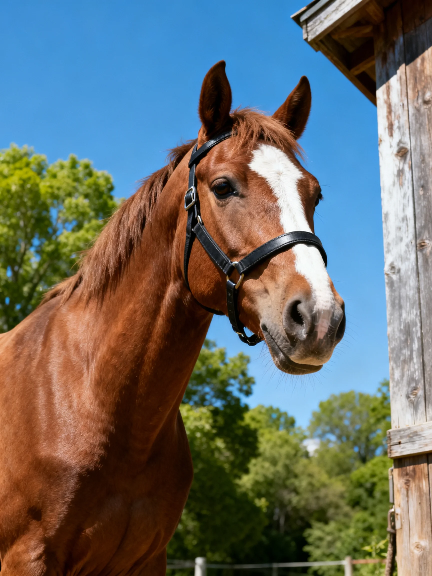 A chestnut horse with a white blaze near an aged wooden structure under clear blue skies