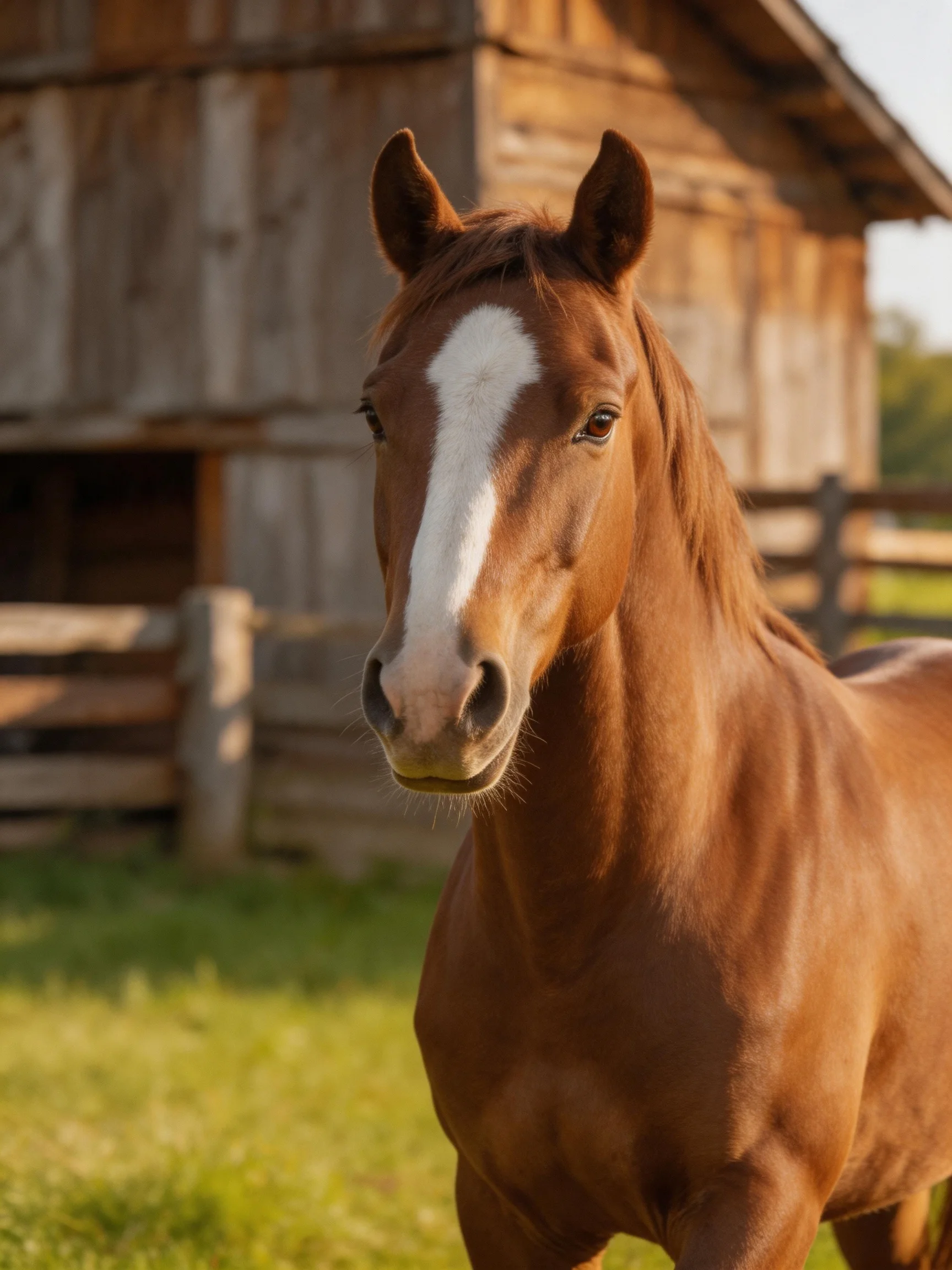 A chestnut horse with a white blaze near an old wooden barn
