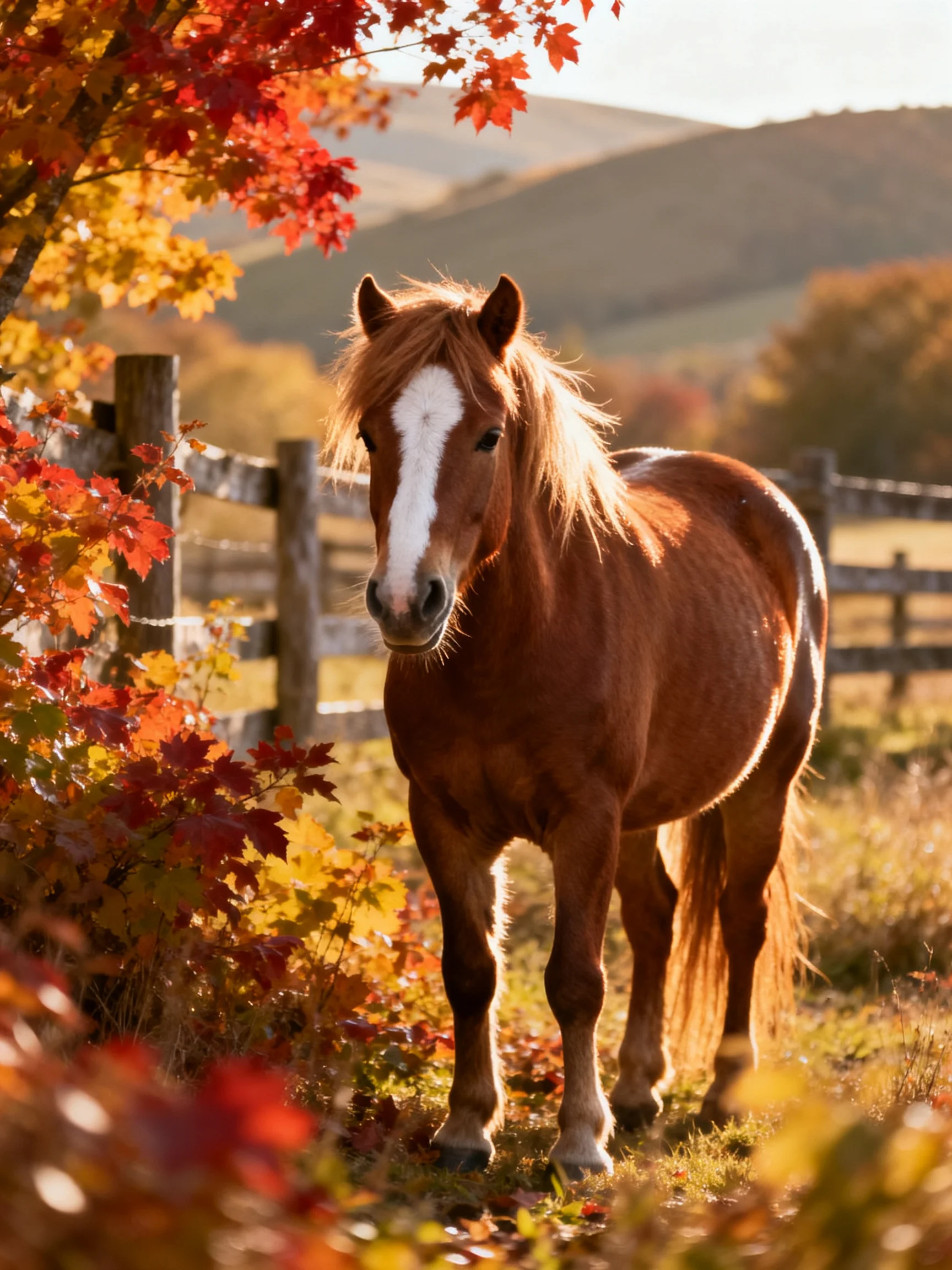 A chestnut horse with a white blaze near autumn foliage by a wooden fence
