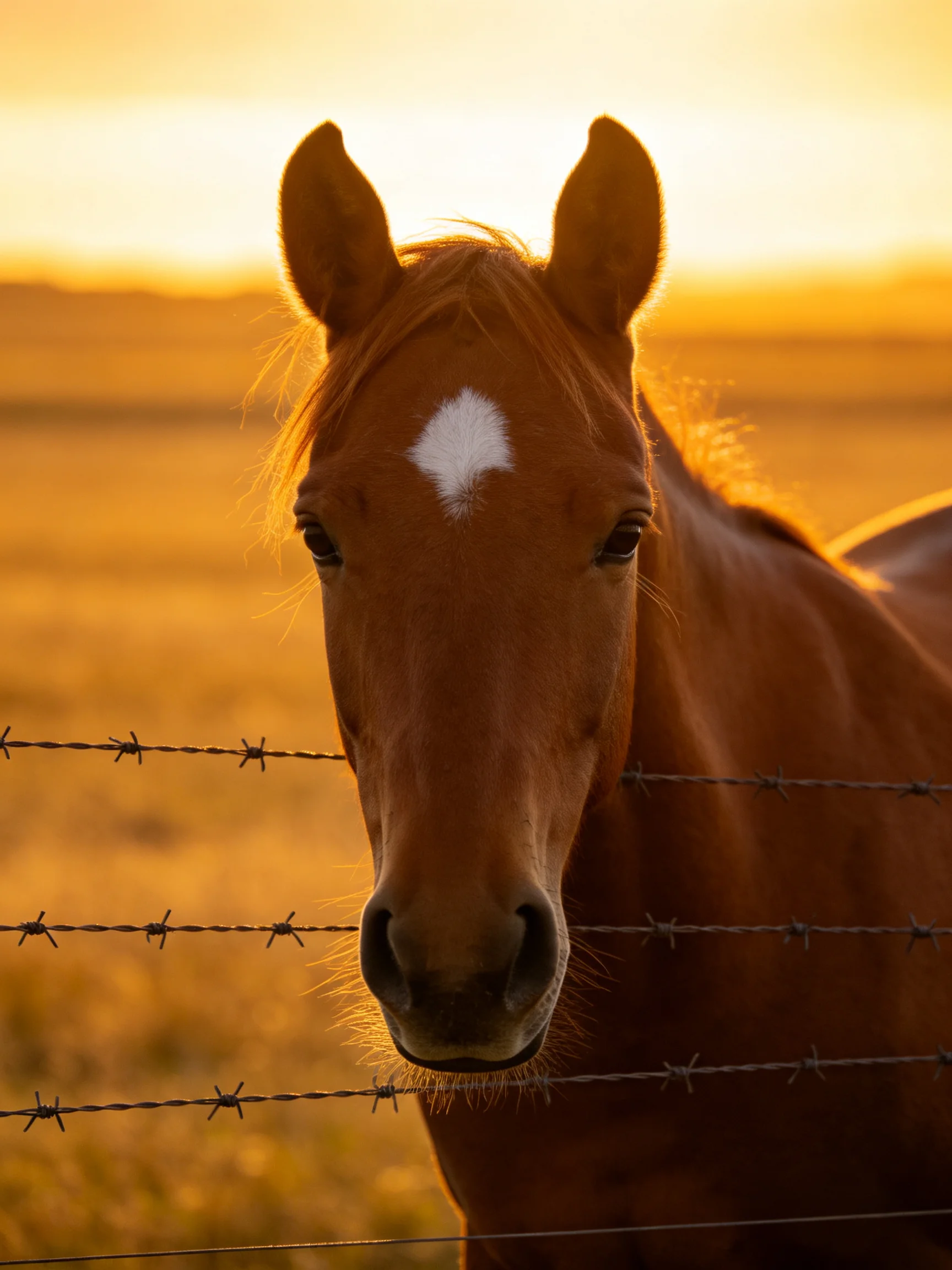 A chestnut horse stands behind barbed wire during golden-hour sunset.