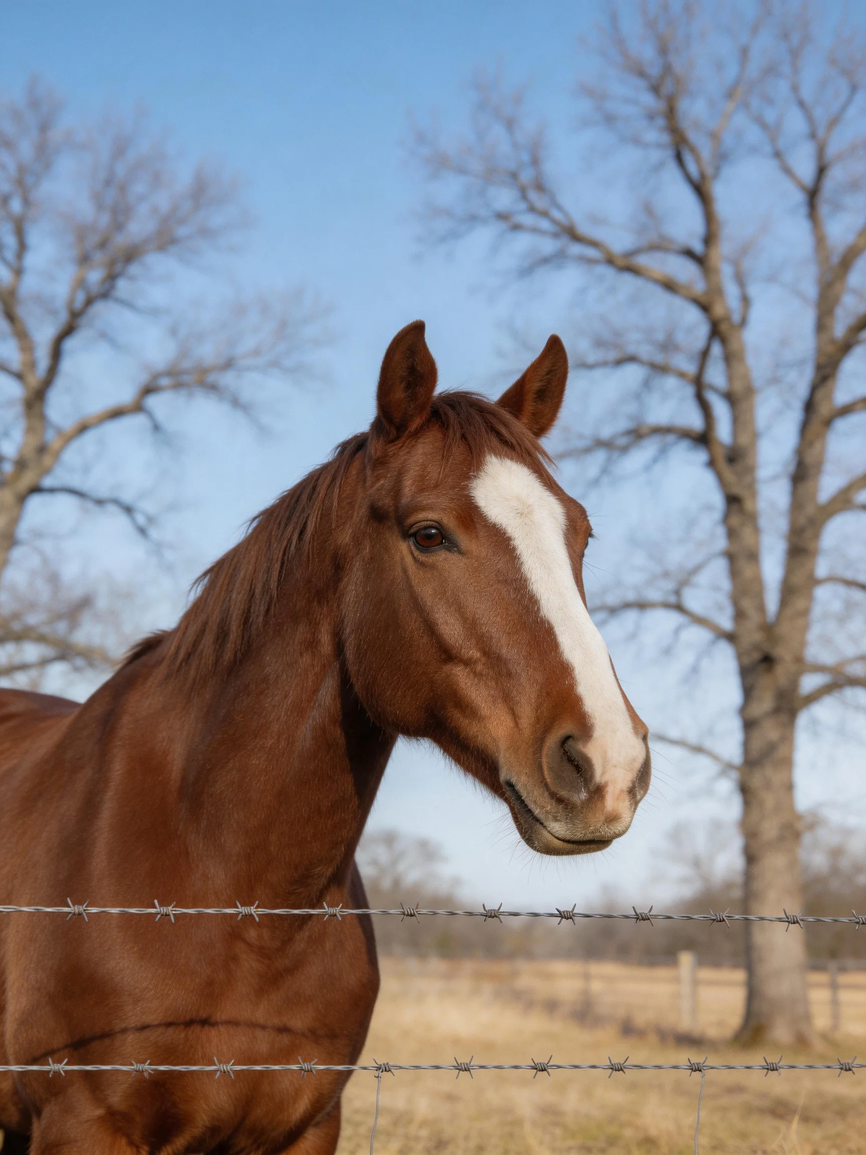 A chestnut horse with a white blaze near barbed wire fence