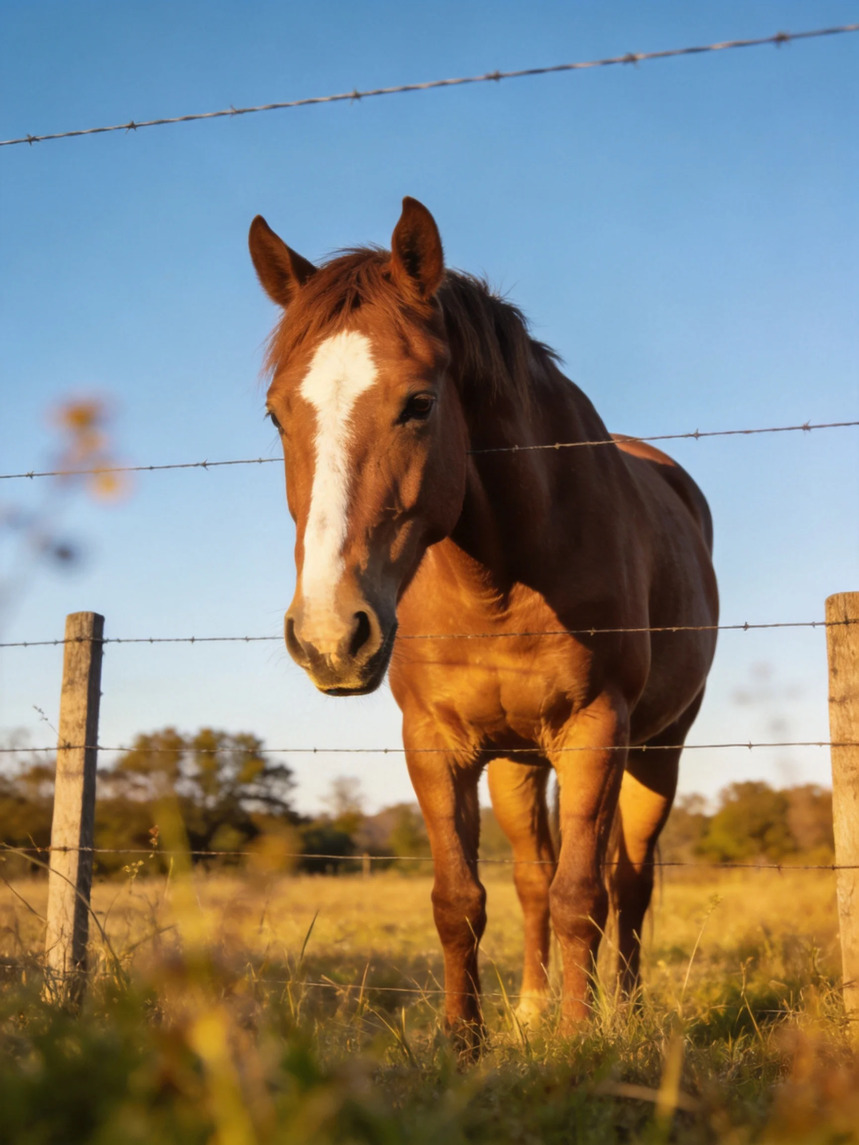A chestnut horse with a white blaze near barbed wire fencing