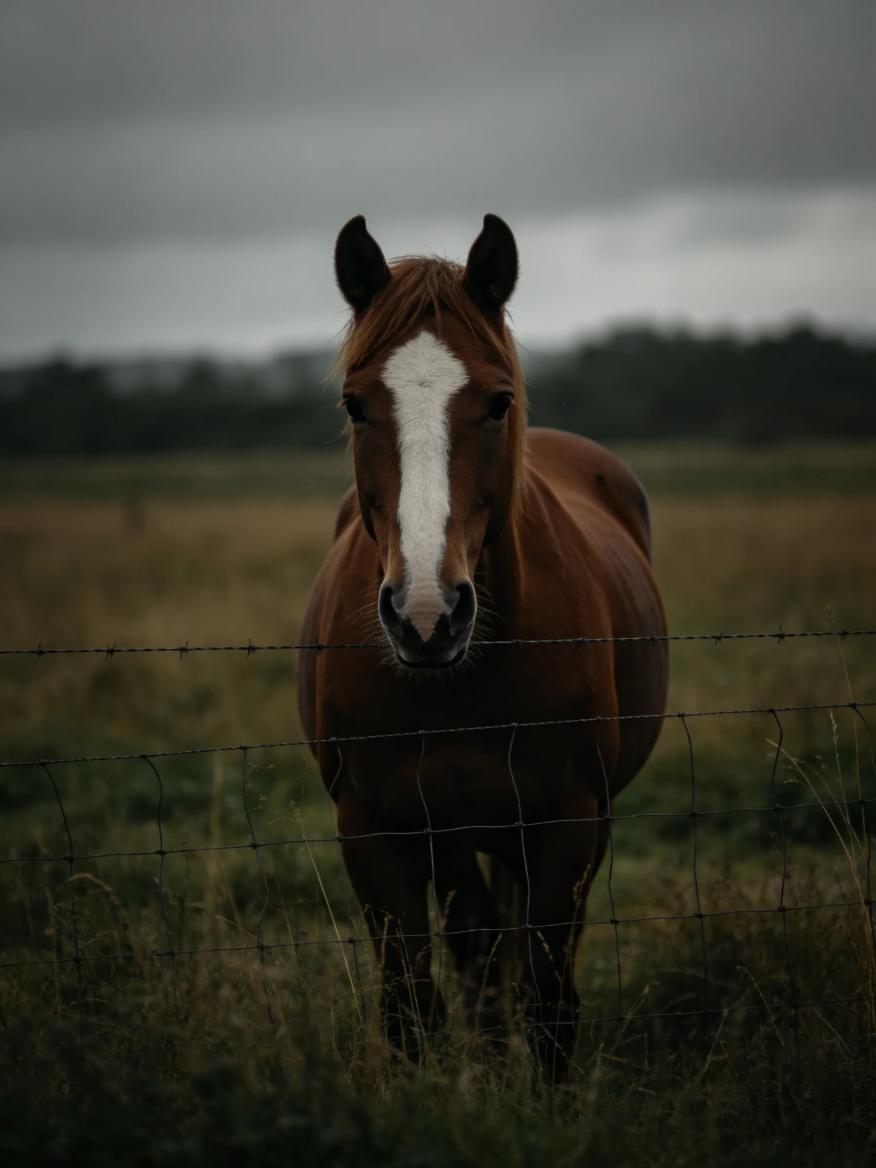 A chestnut horse with a white blaze stands near barbed wire in a dimly lit field