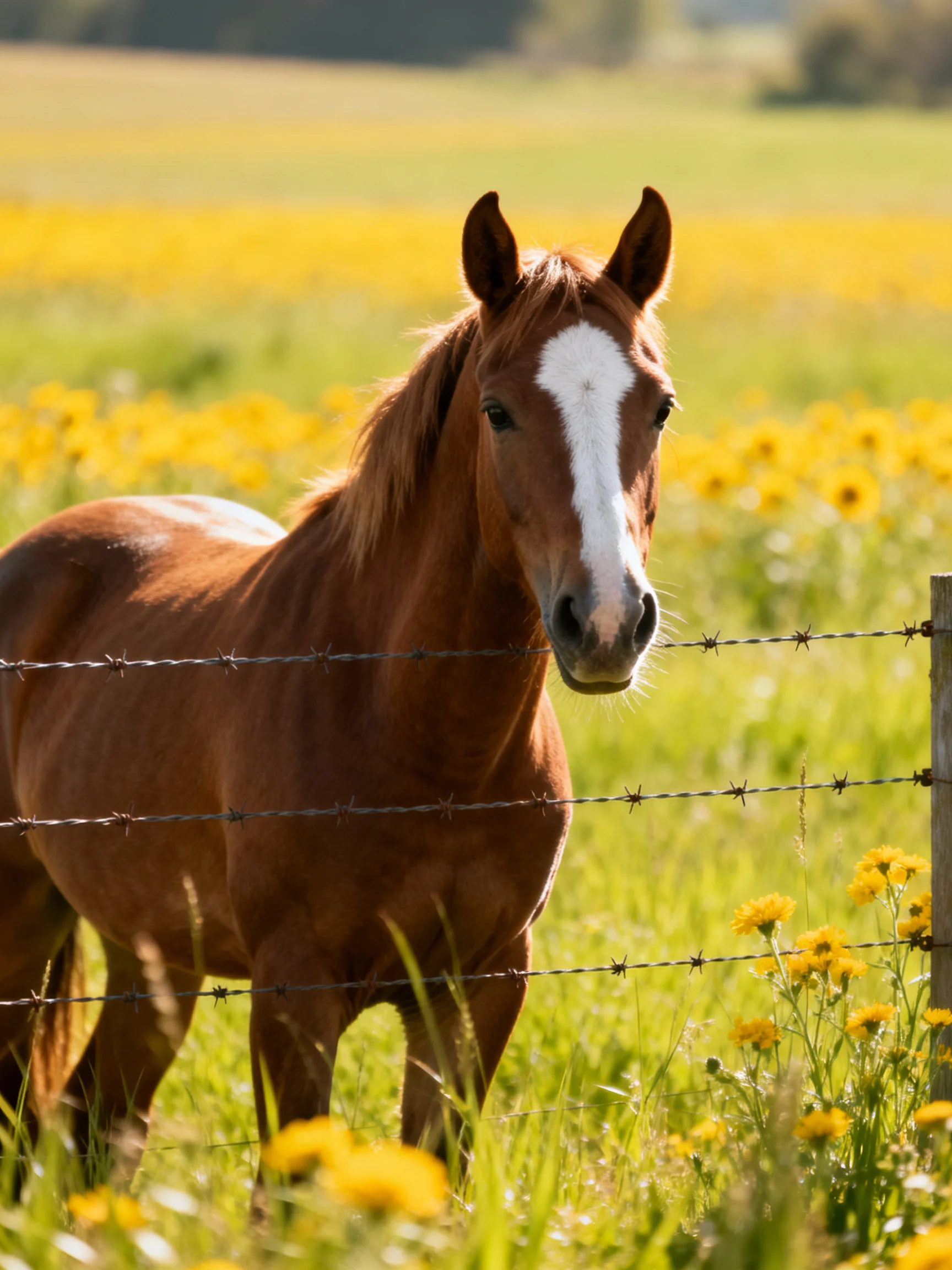 A chestnut horse with a white blaze near barbed wire in yellow wildflowers