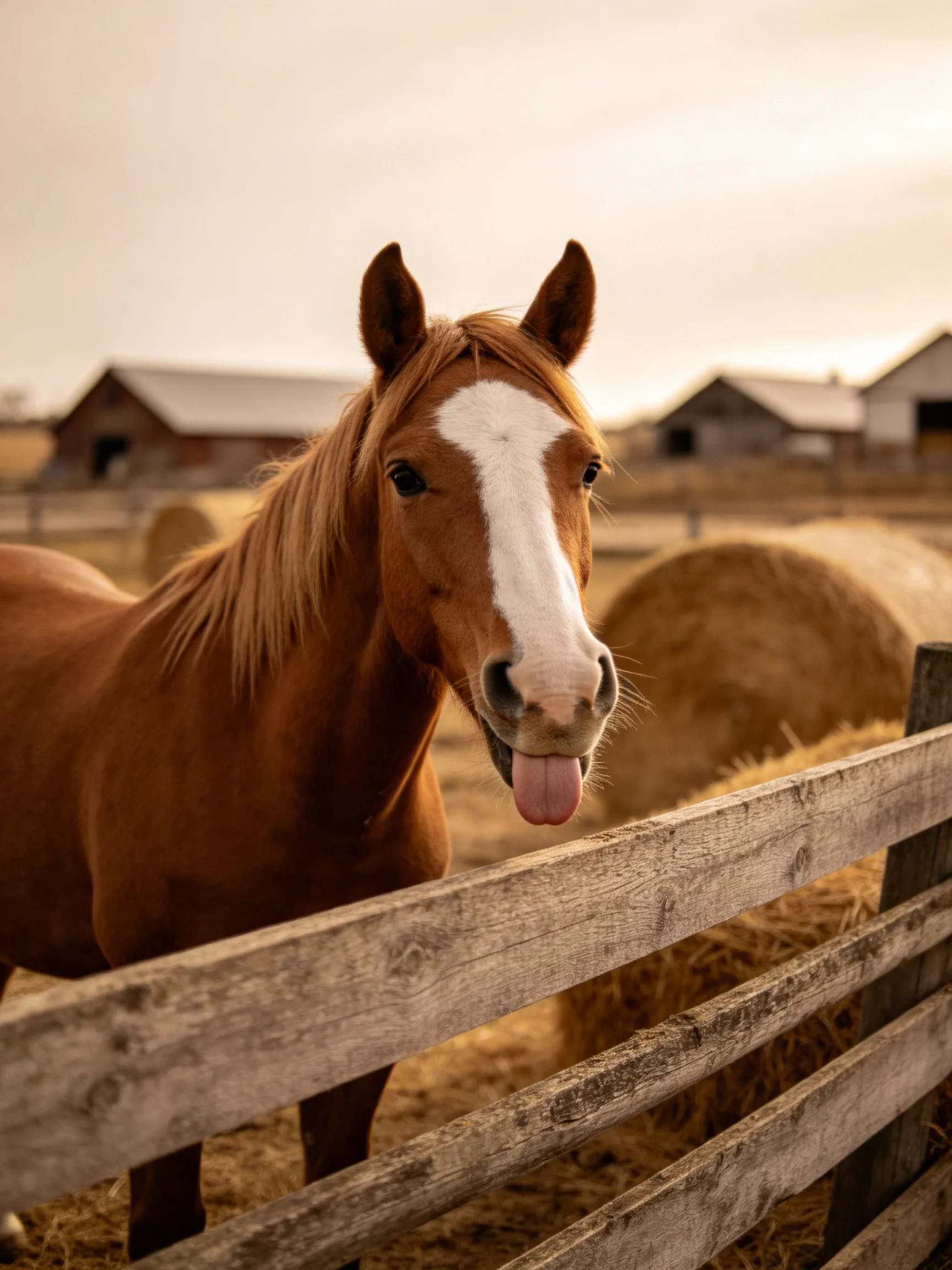 A chestnut horse with a white blaze stands near hay bales next to a wooden fence.