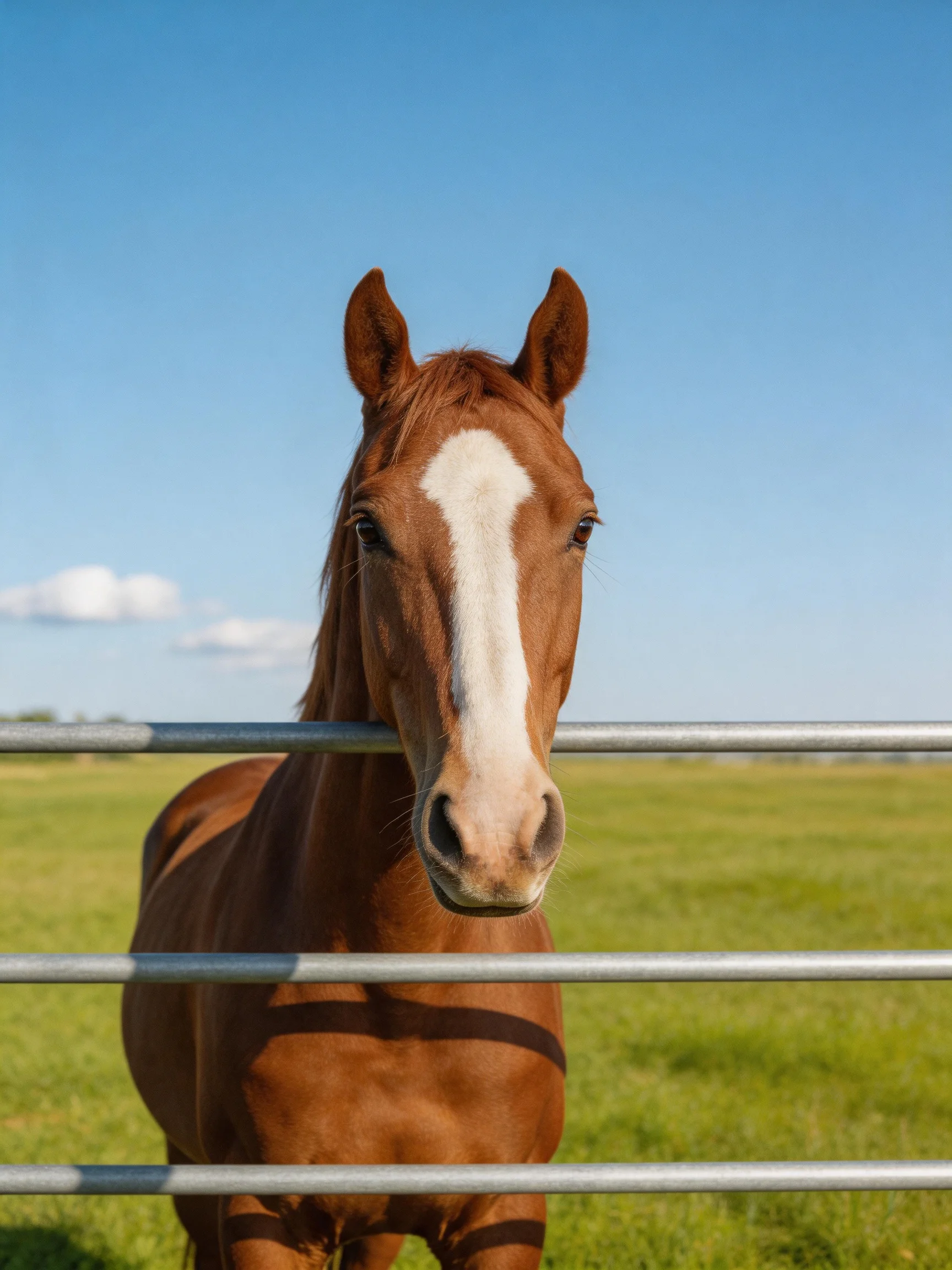 A chestnut horse with a white blaze stands near metal fencing in a sunlit green pasture.