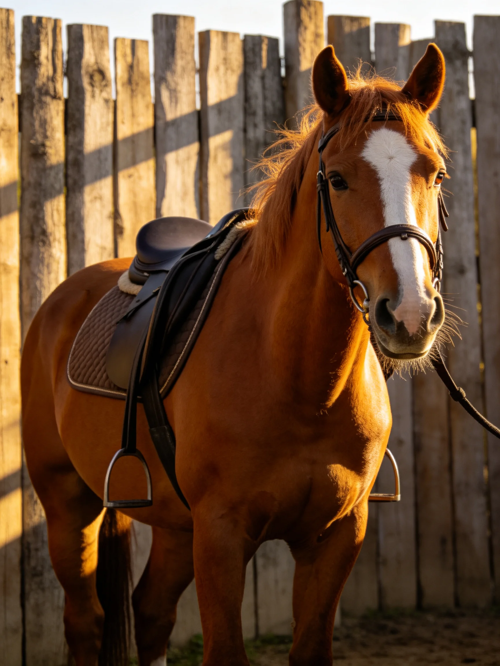 A chestnut horse with a white blaze stands near a weathered wooden fence.