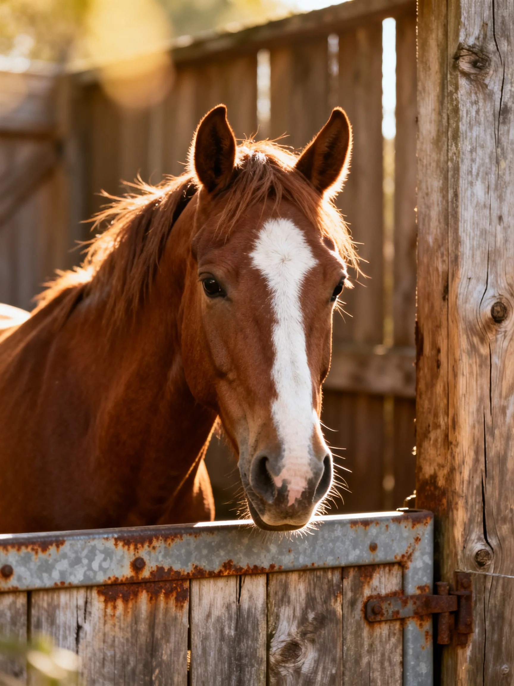 A chestnut horse with a white blaze near weathered wooden fencing