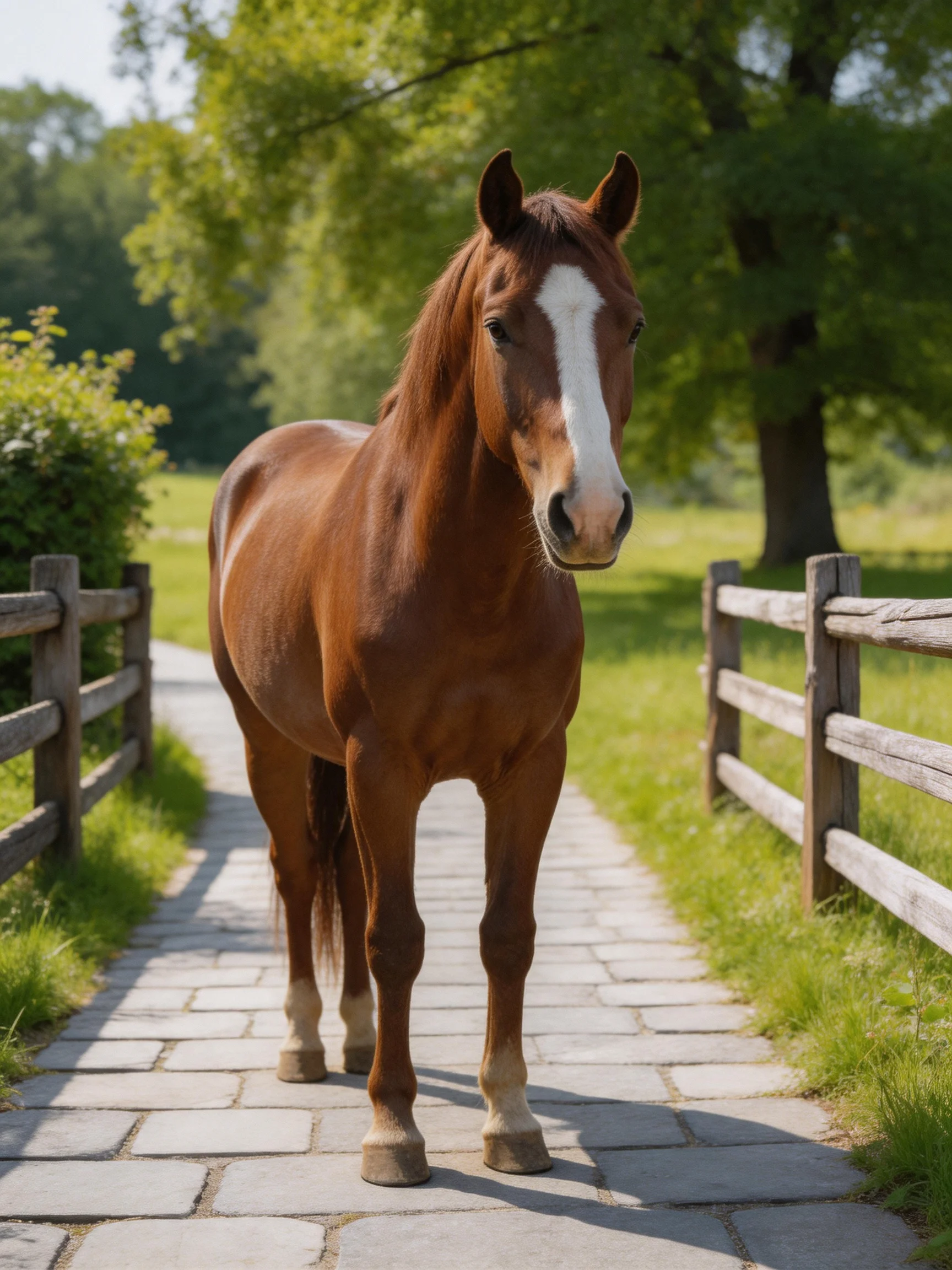 A chestnut horse with a white stripe stands on a stone path bordered by wooden fences in a green landscape.