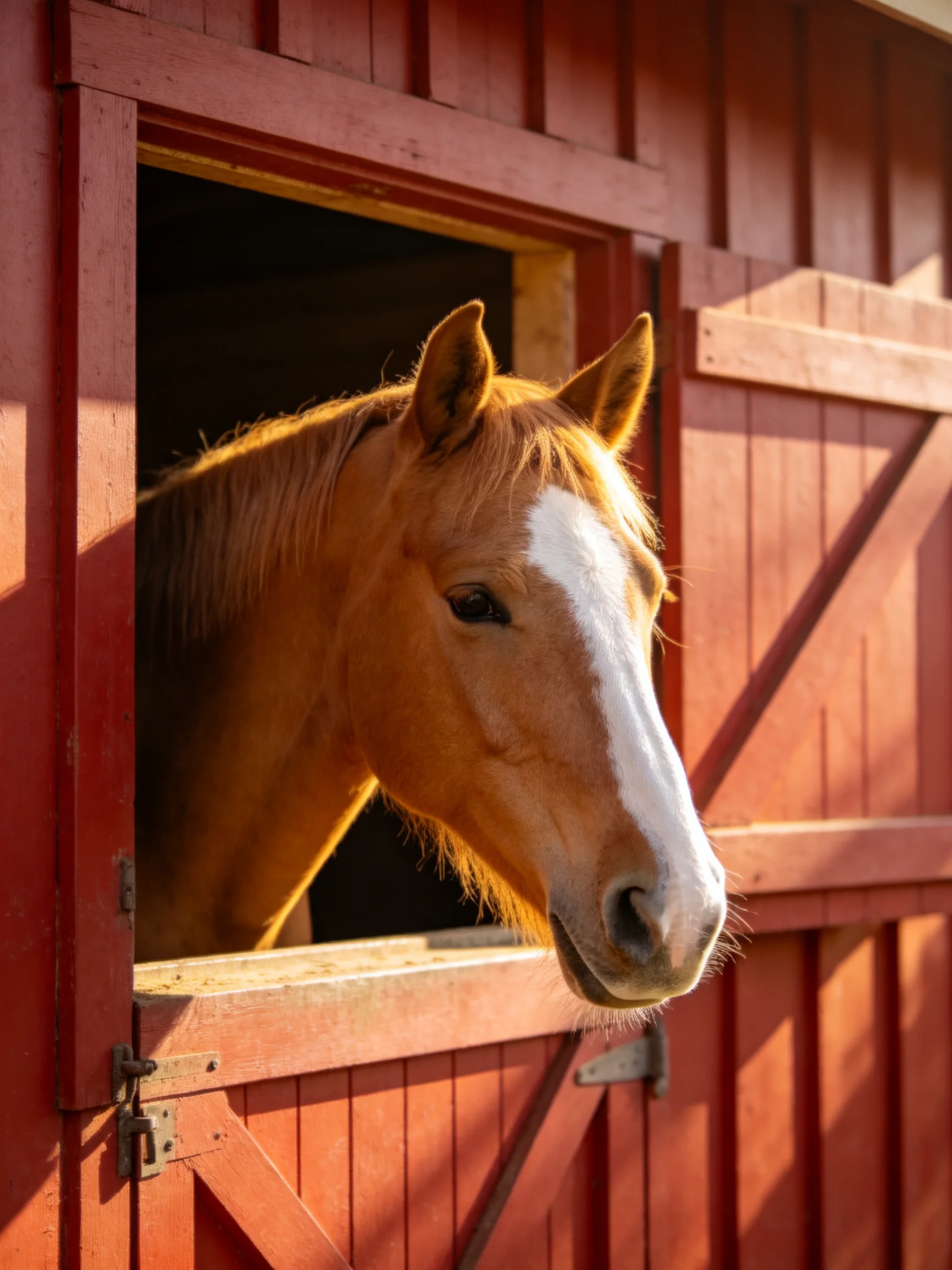 A chestnut horse with a white blaze looks out from a red wooden stable.