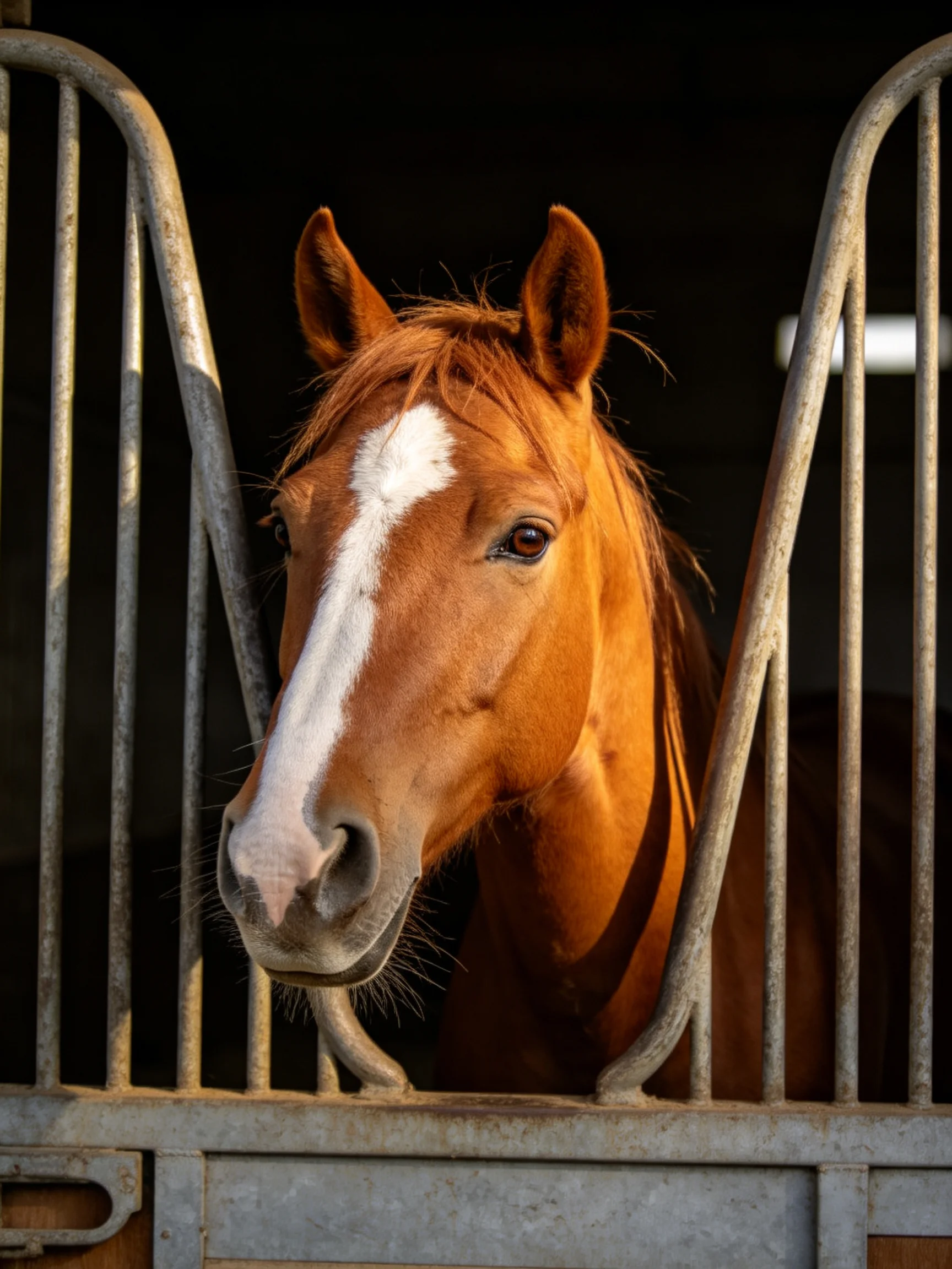 A chestnut horse with a white blaze observes from a metal stable enclosure