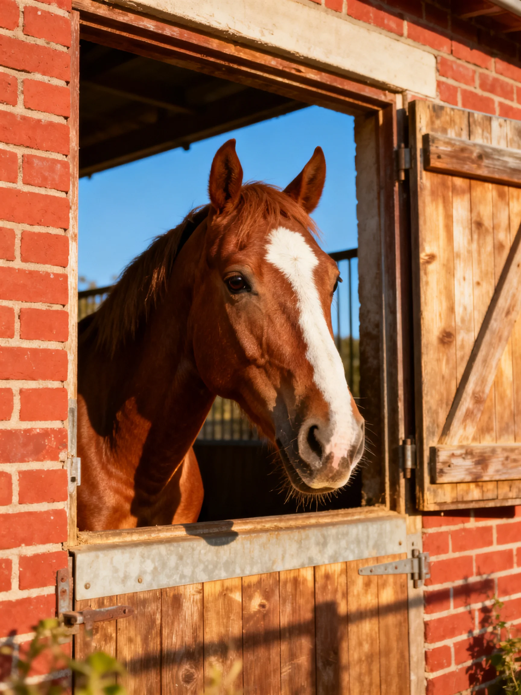 A chestnut horse with a white blaze peers from a red-brick stable