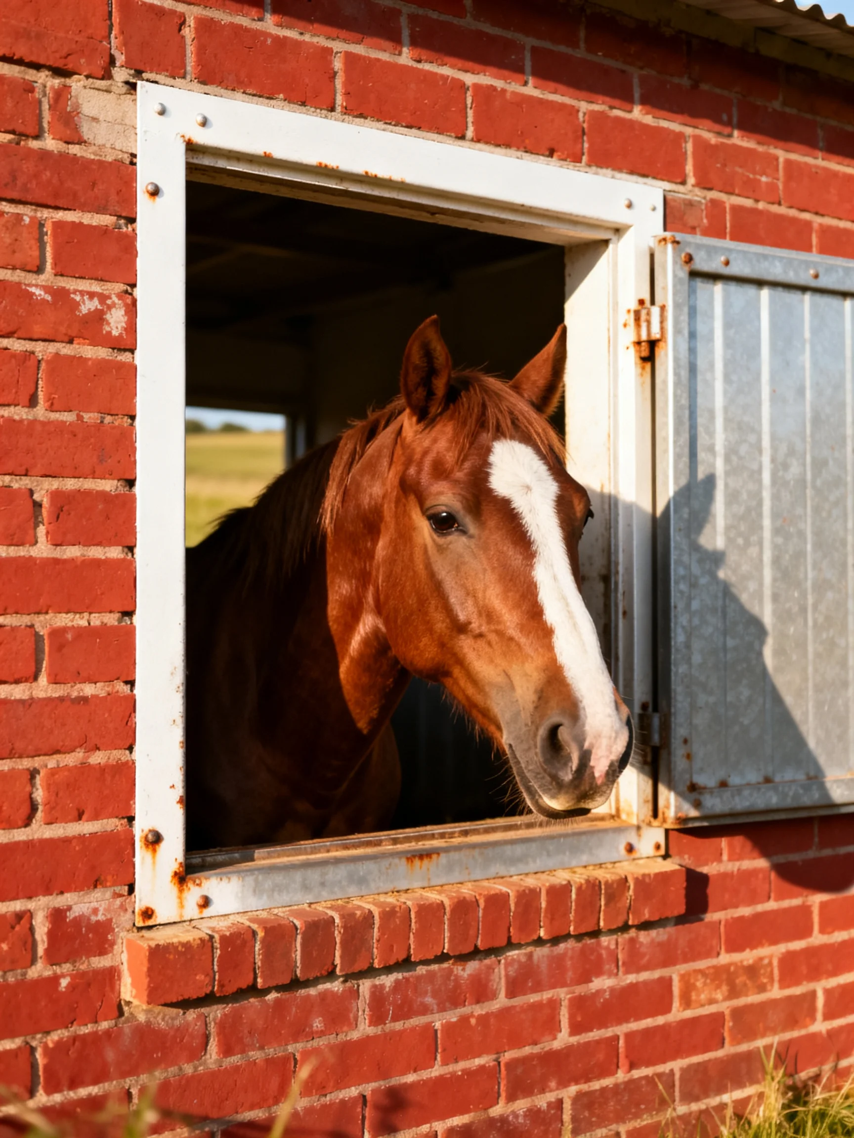 A chestnut horse with a white blaze peers from a red brick stable window