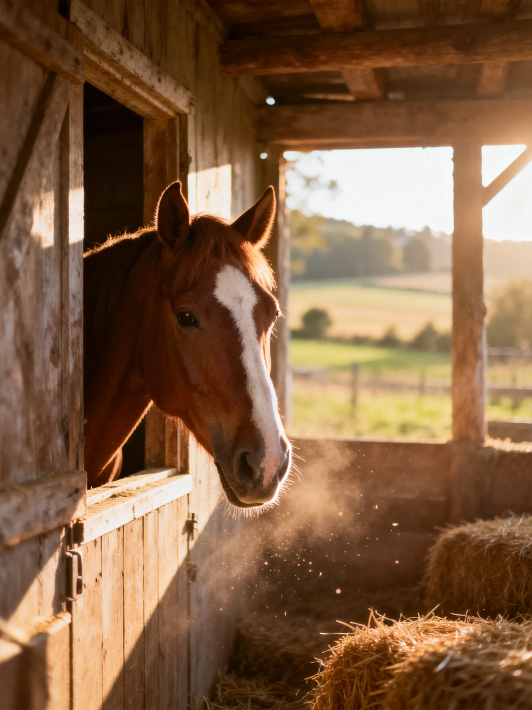 A chestnut horse with a white blaze peers from a rustic wooden stable