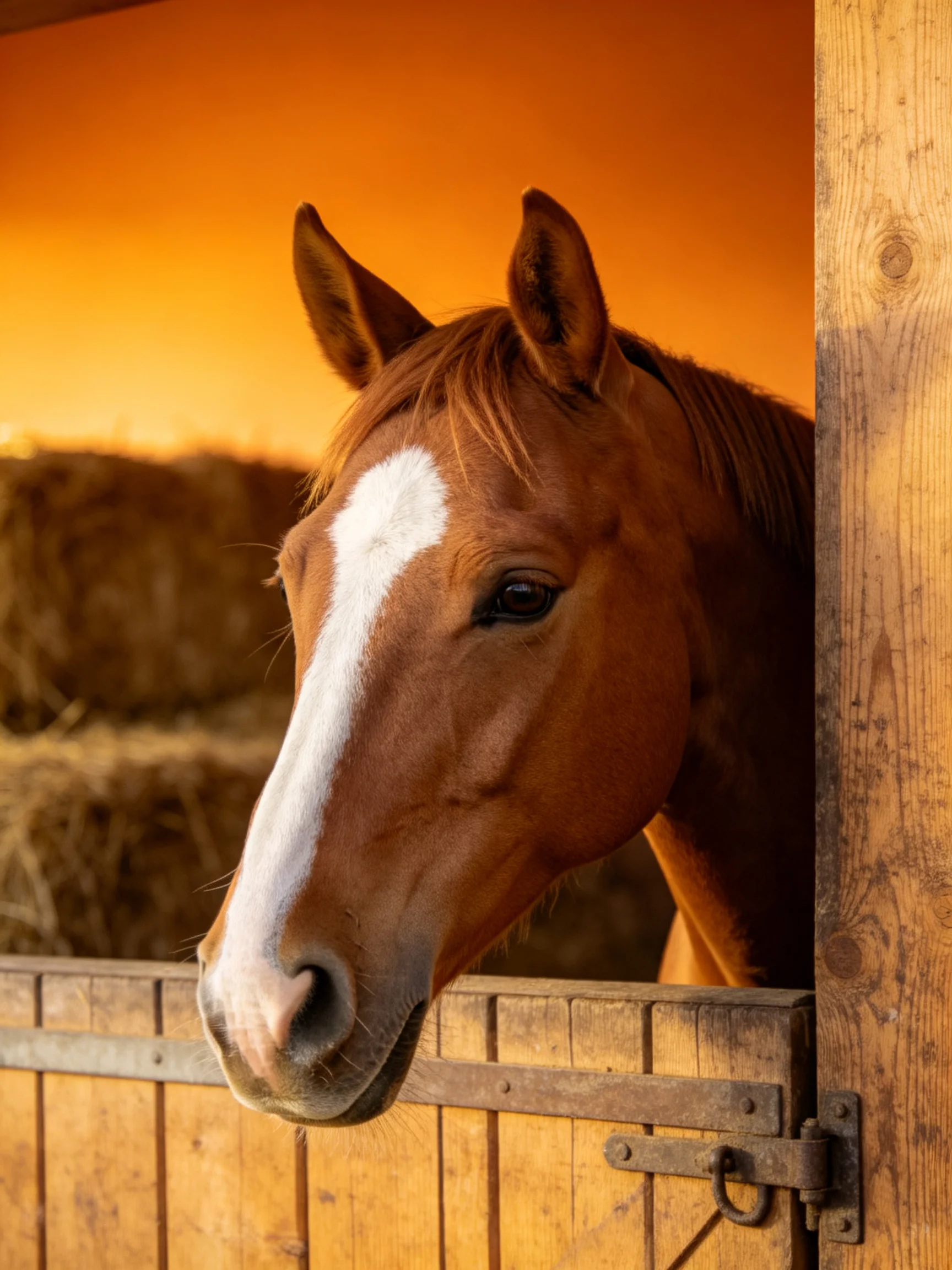 A chestnut horse with a white blaze observes from a wooden stable during sunset.