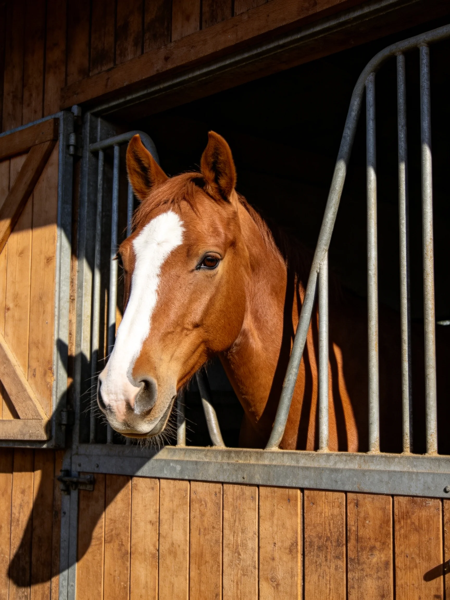 A chestnut horse with a white blaze looks out from a wooden stable.