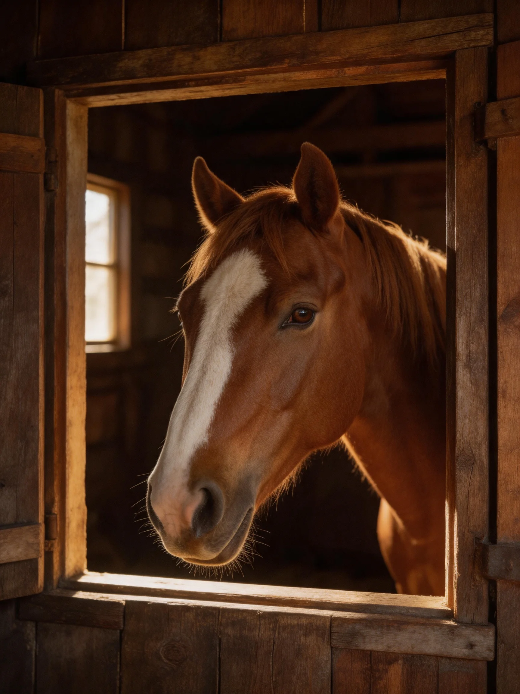 A chestnut horse with a white blaze peers from a wooden stable window