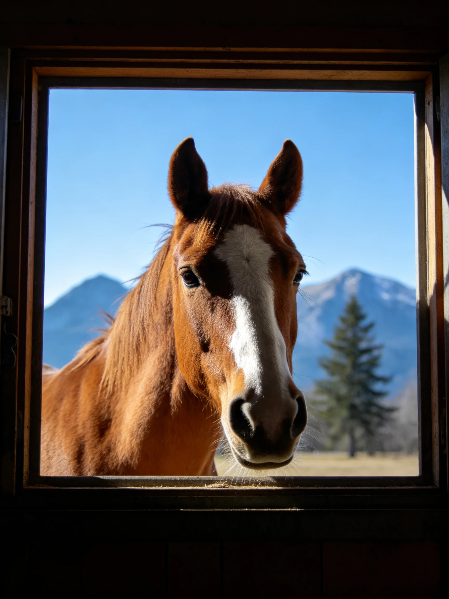 A chestnut horse with a white blaze peers through a barn window toward distant mountains