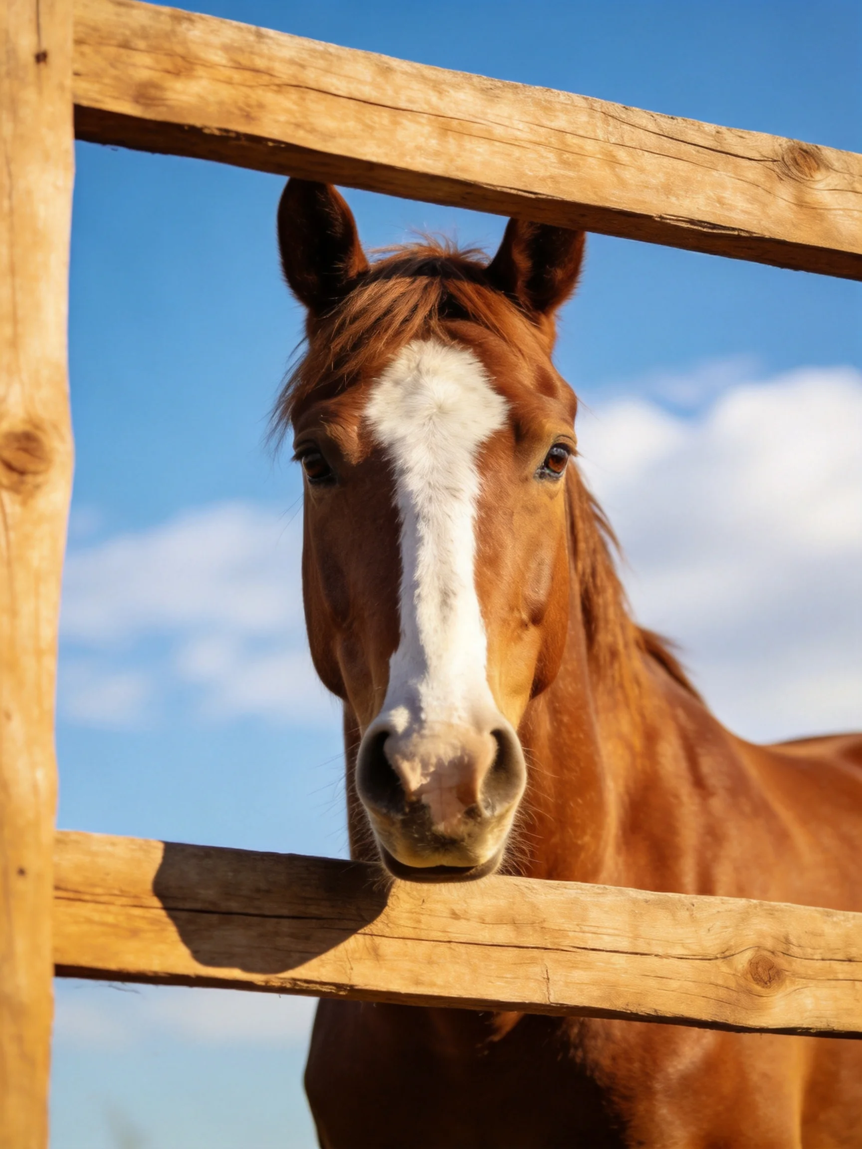 A chestnut horse with a white blaze peers through a wooden fence under bright blue sky