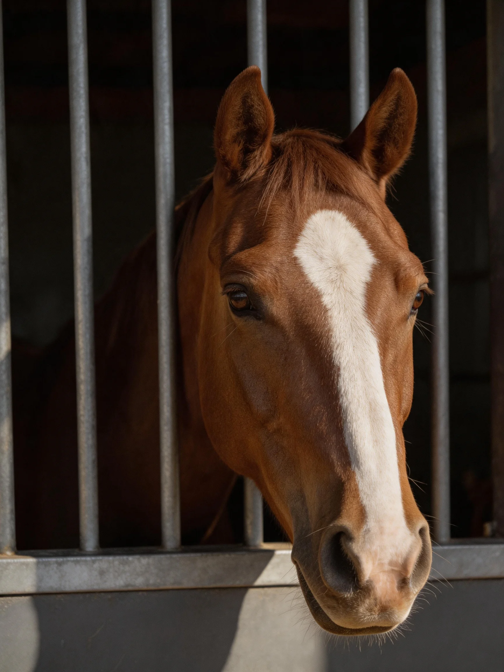 A chestnut horse with a white blaze peers through stable bars