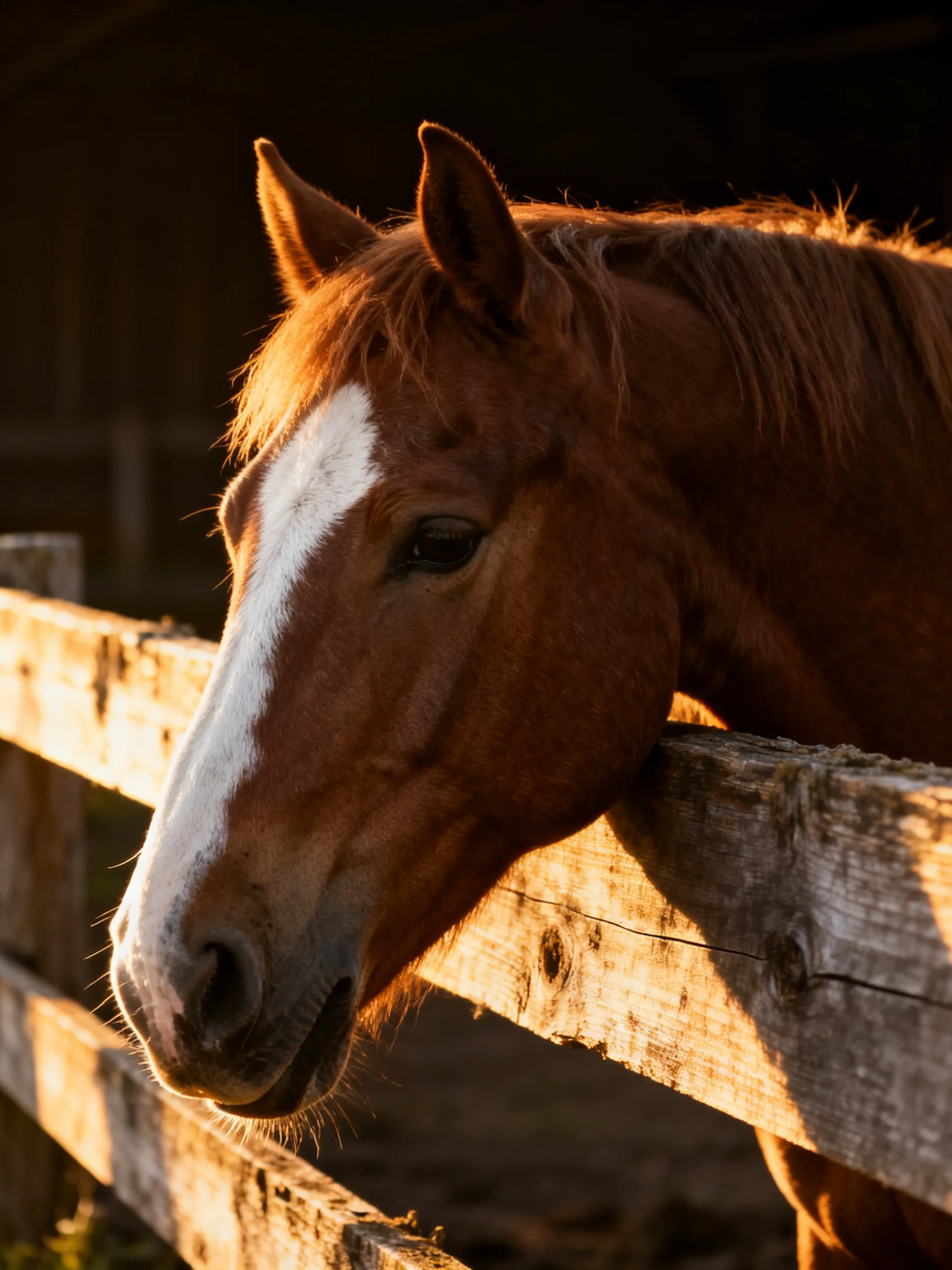 A chestnut horse with awhite blaze rests against a weathered wooden fence in golden light.