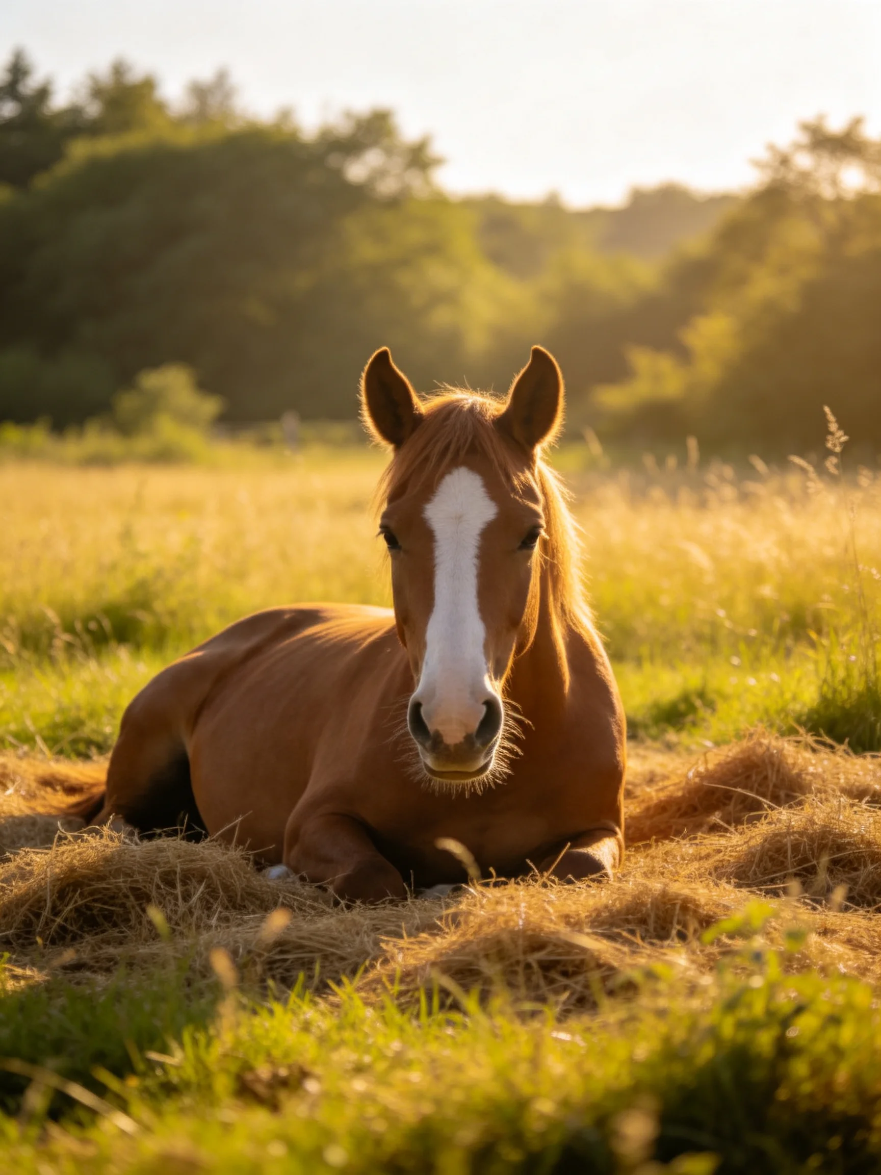A brown horse with a white facial marking rests on hay in a sunlit field.