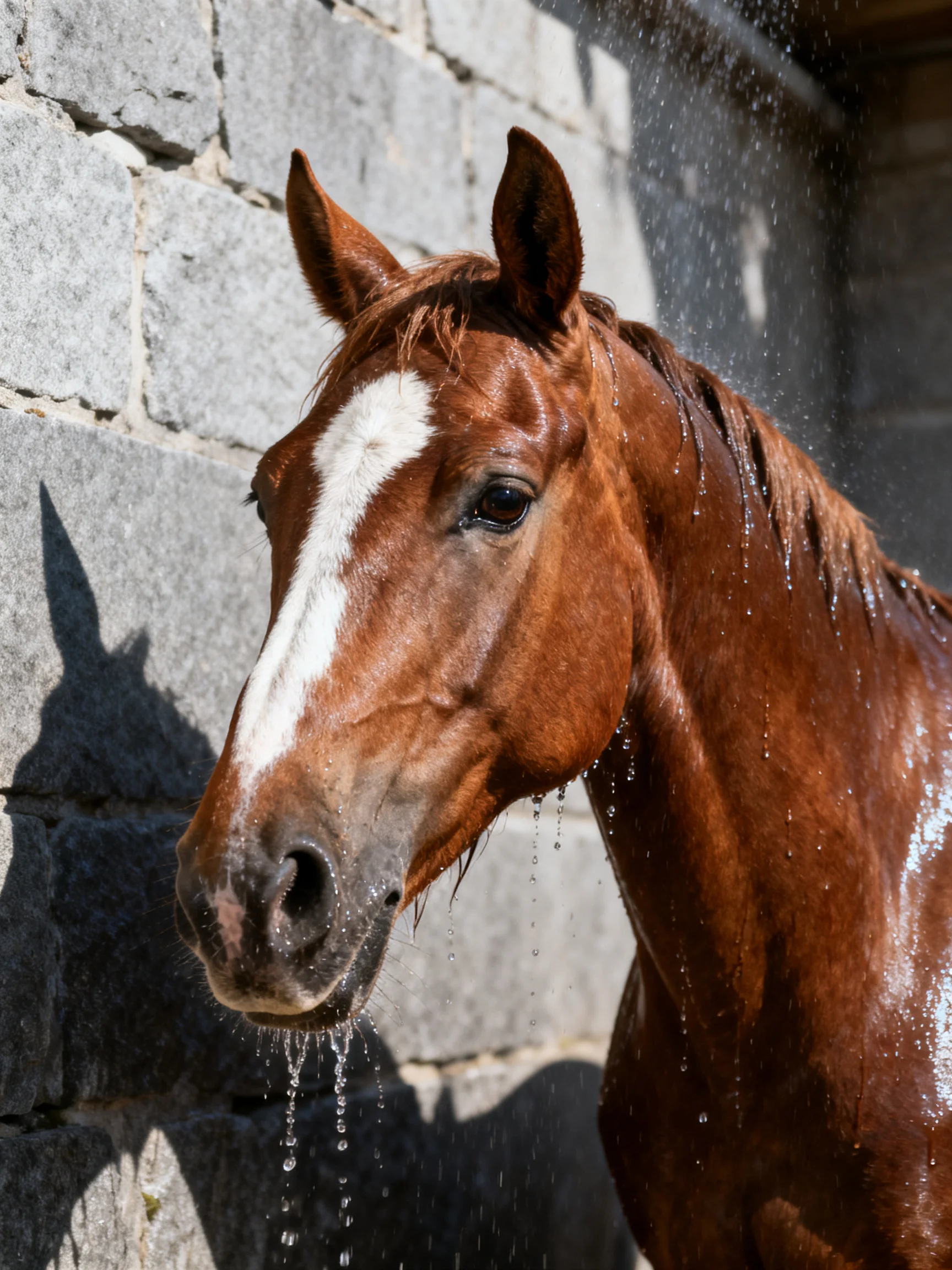 A chestnut horse with a white blaze showered near textured gray stone walls