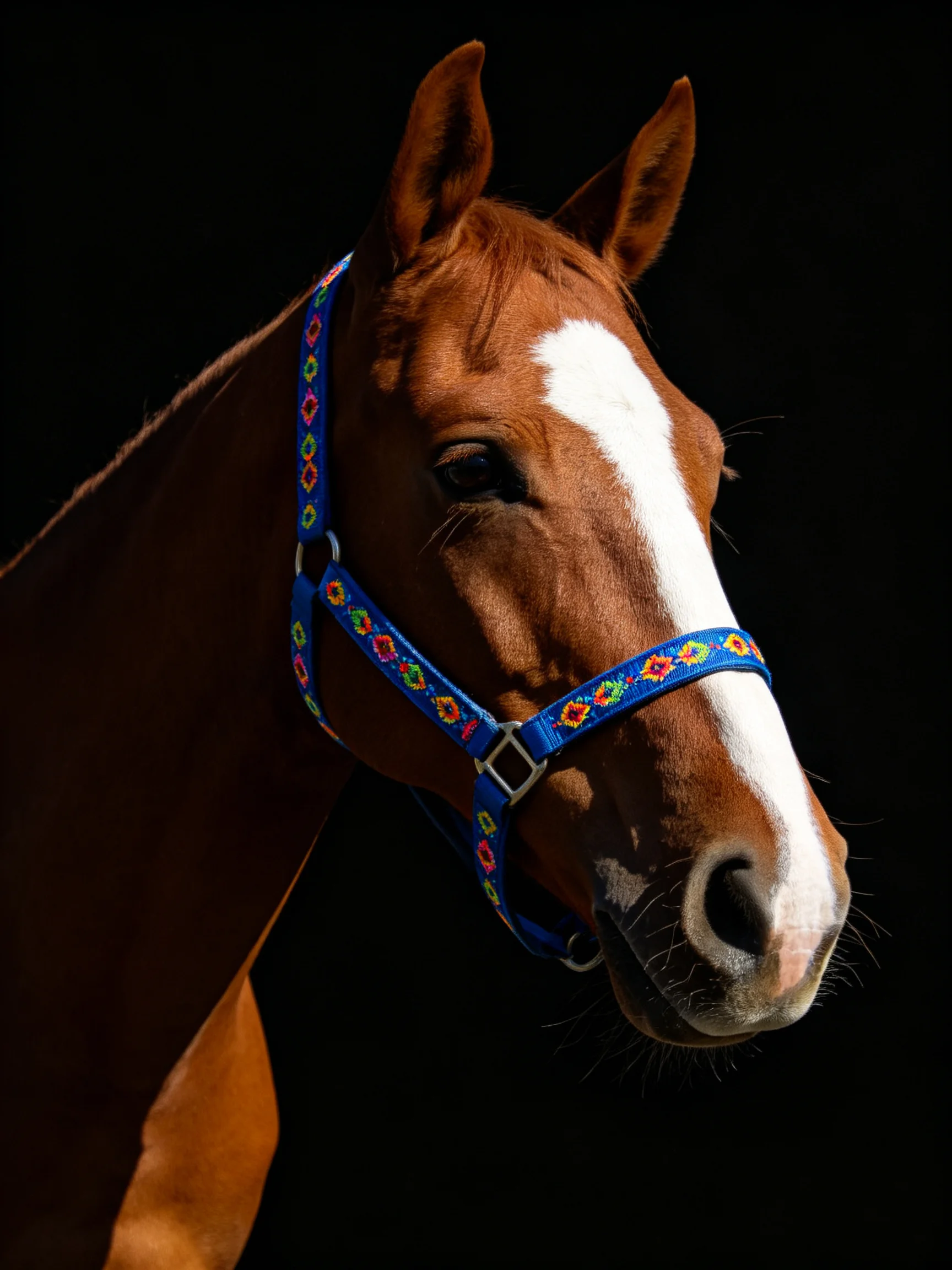 A chestnut horse with a white blaze sports a colorful blue halter