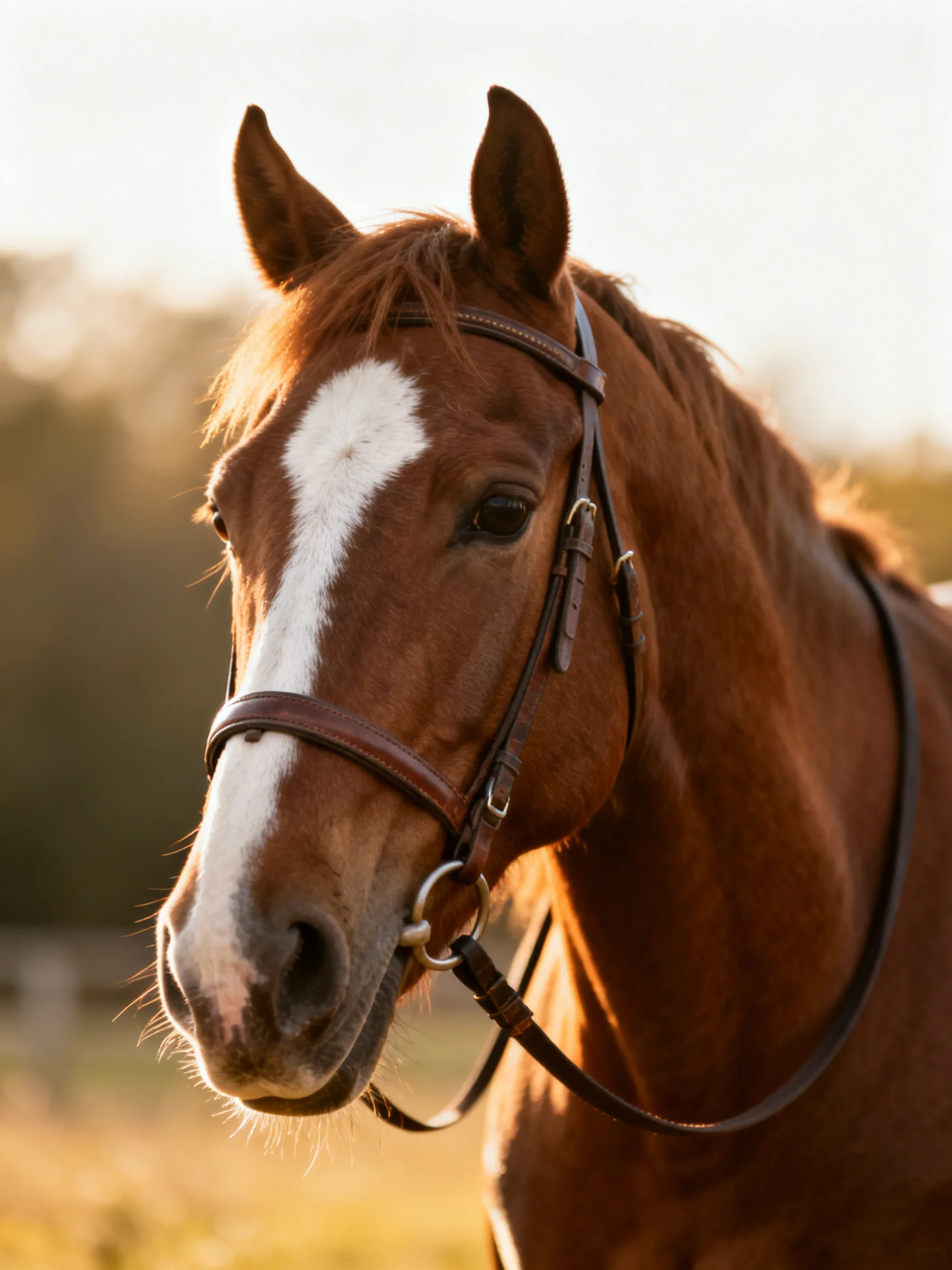 A chestnut horse with a white blaze sports a dark bridle
