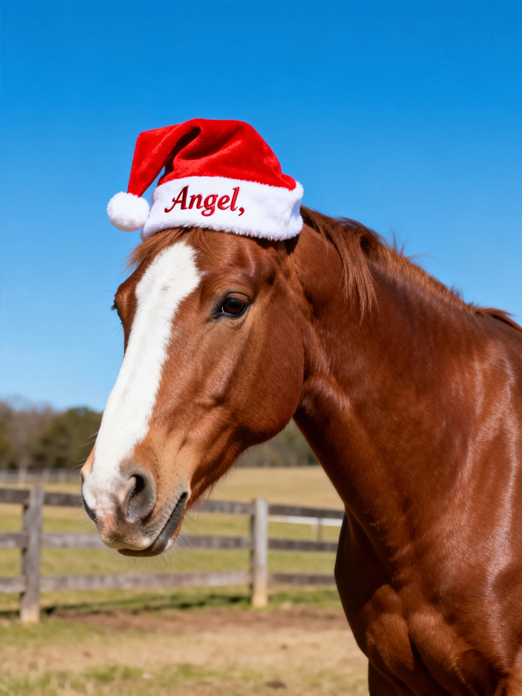 A chestnut horse with a white blaze sports a personalized Santa hat outdoors