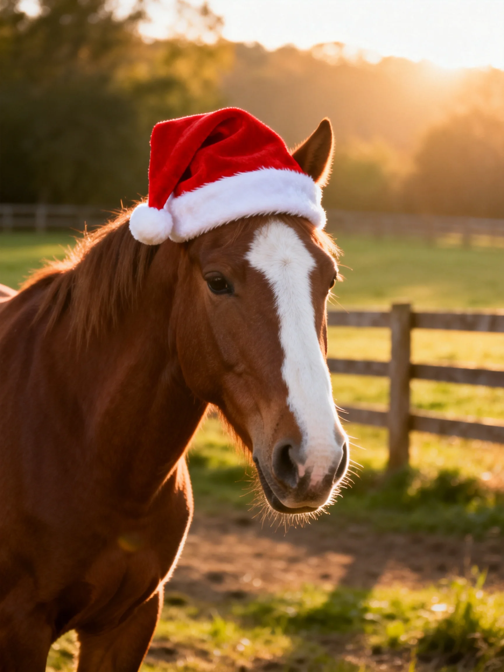 A chestnut horse with a white blaze sports a red Santa hat in a sunlit pasture