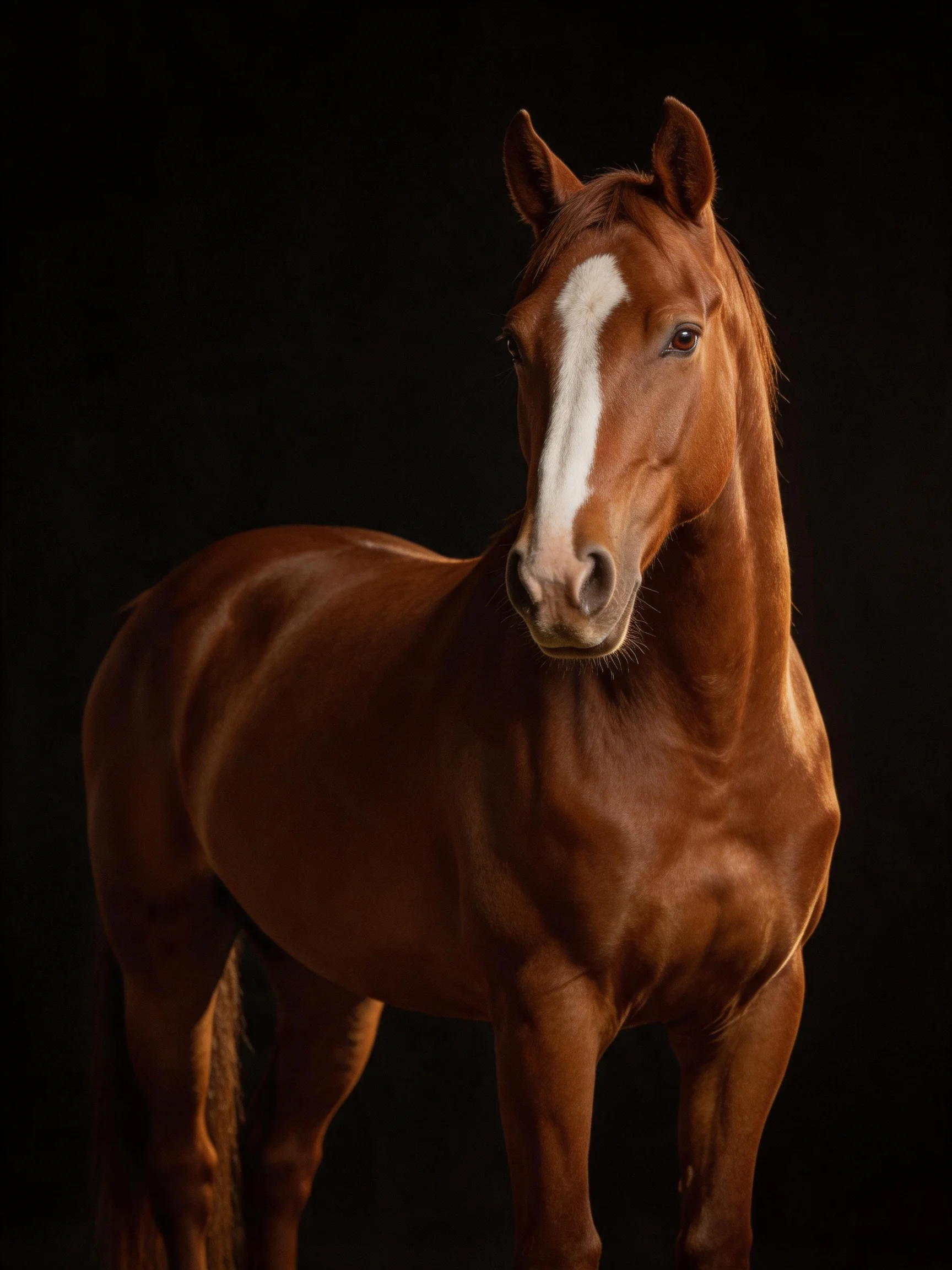 A chestnut horse with a white blaze stands against a black backdrop