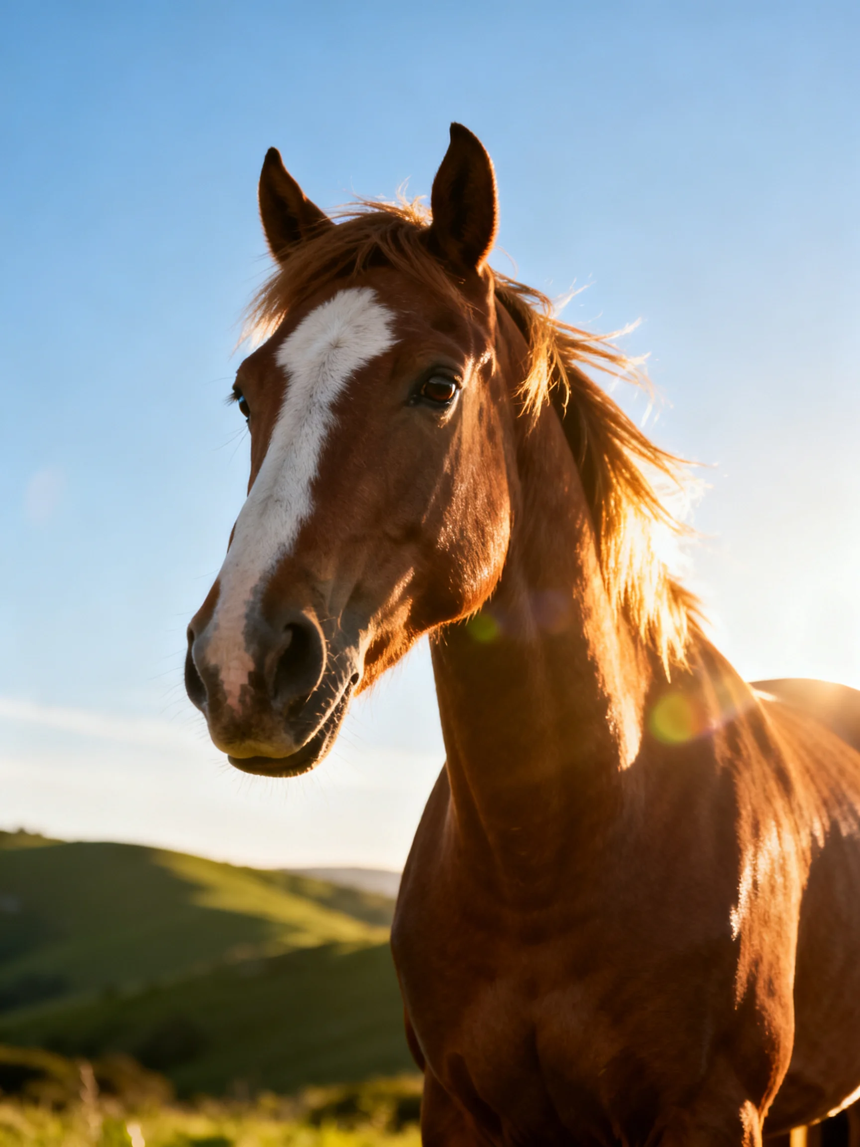 A chestnut horse with a white blaze stands against rolling green hills under bright blue sky