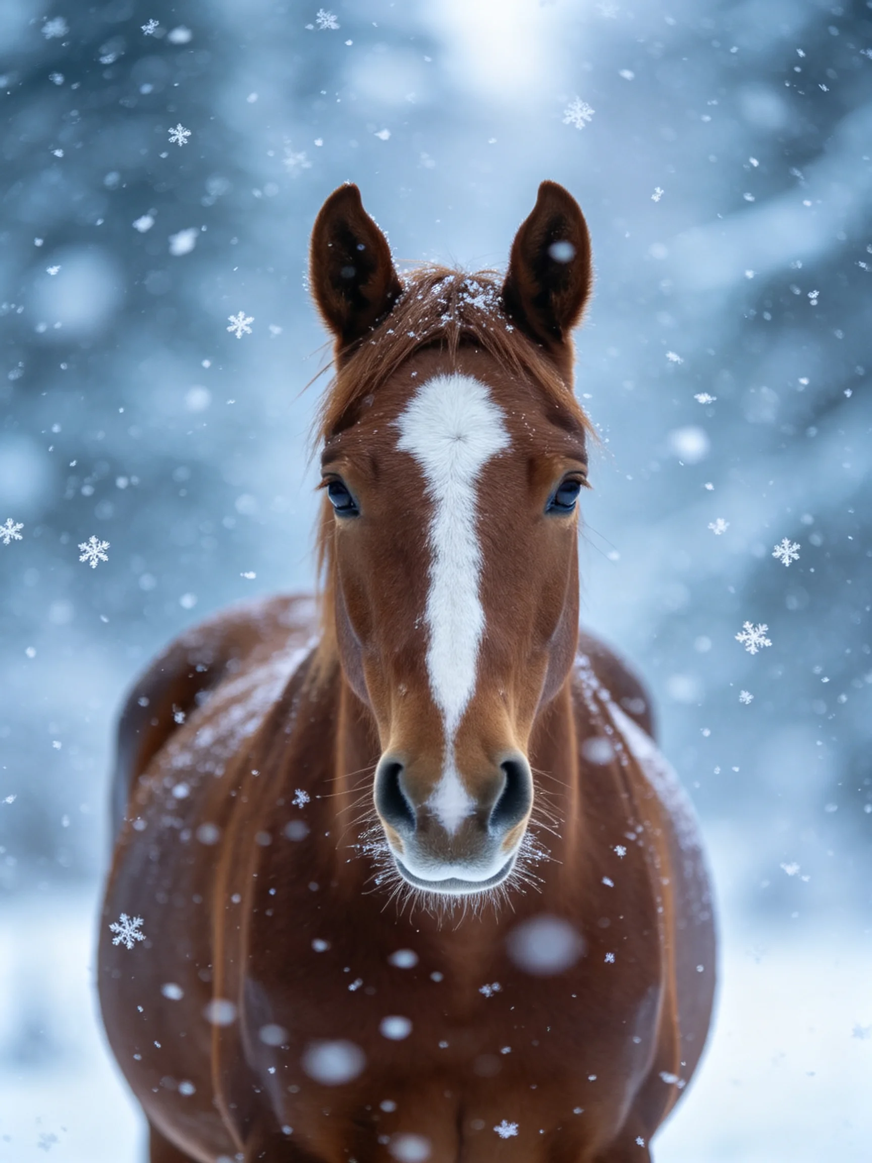 A chestnut horse with a white blaze stands calmly in a snowy environment.