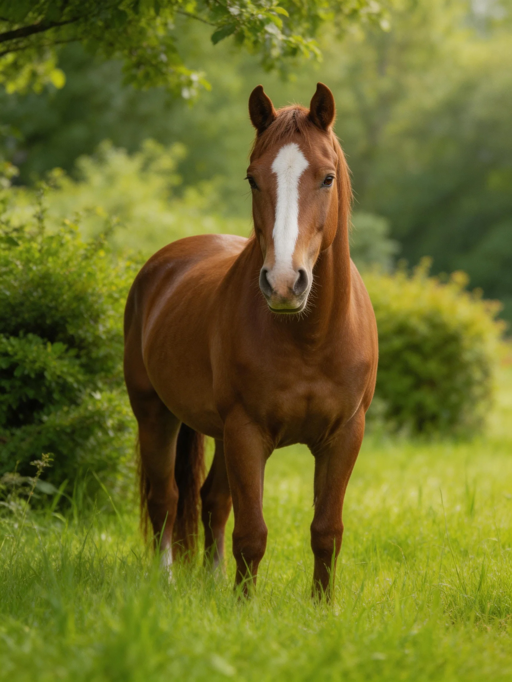 A chestnut horse with a white blaze stands amid lush greenery