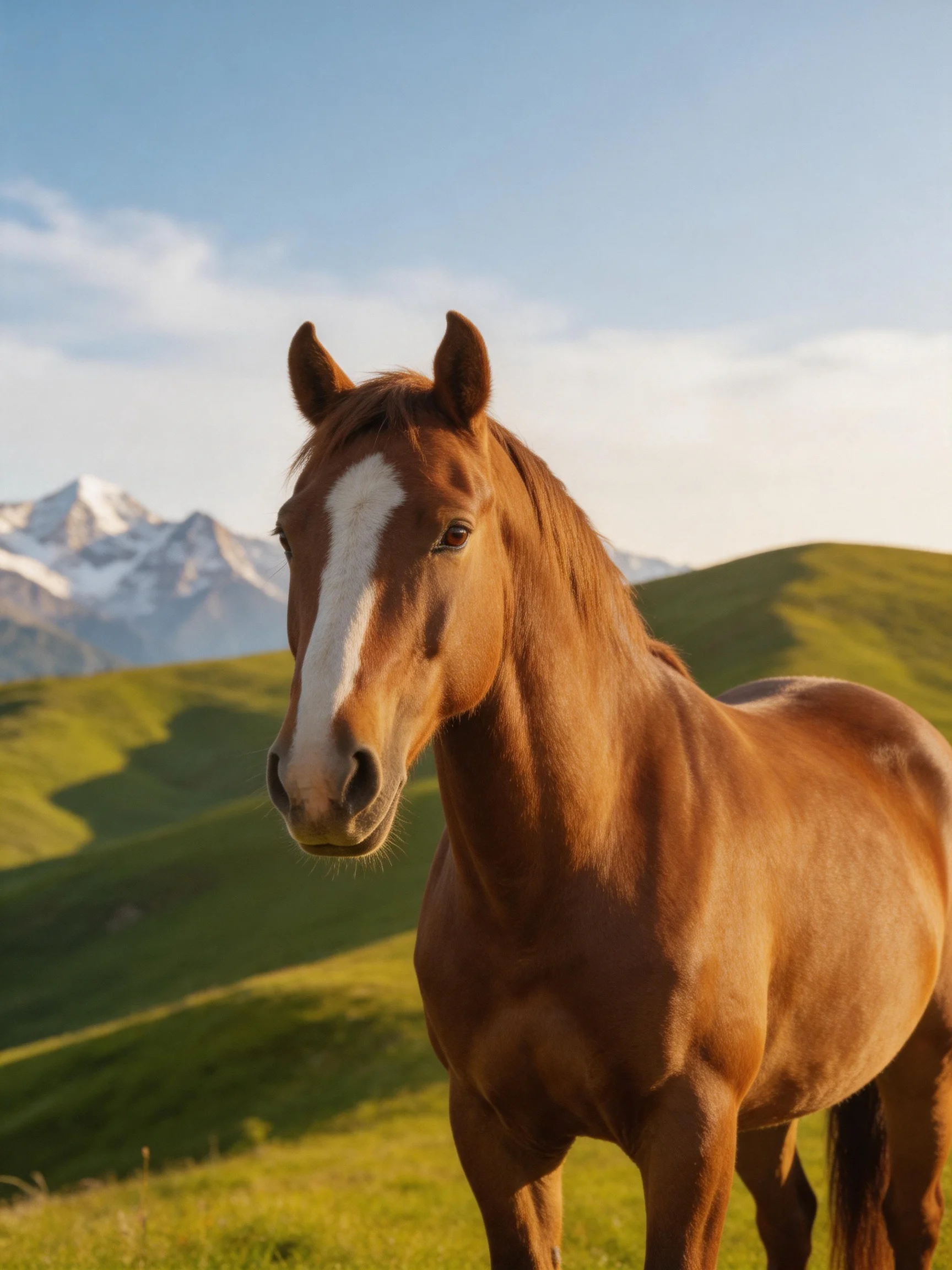 A chestnut horse with a white blaze stands amid rolling green hills and snow - capped mountains