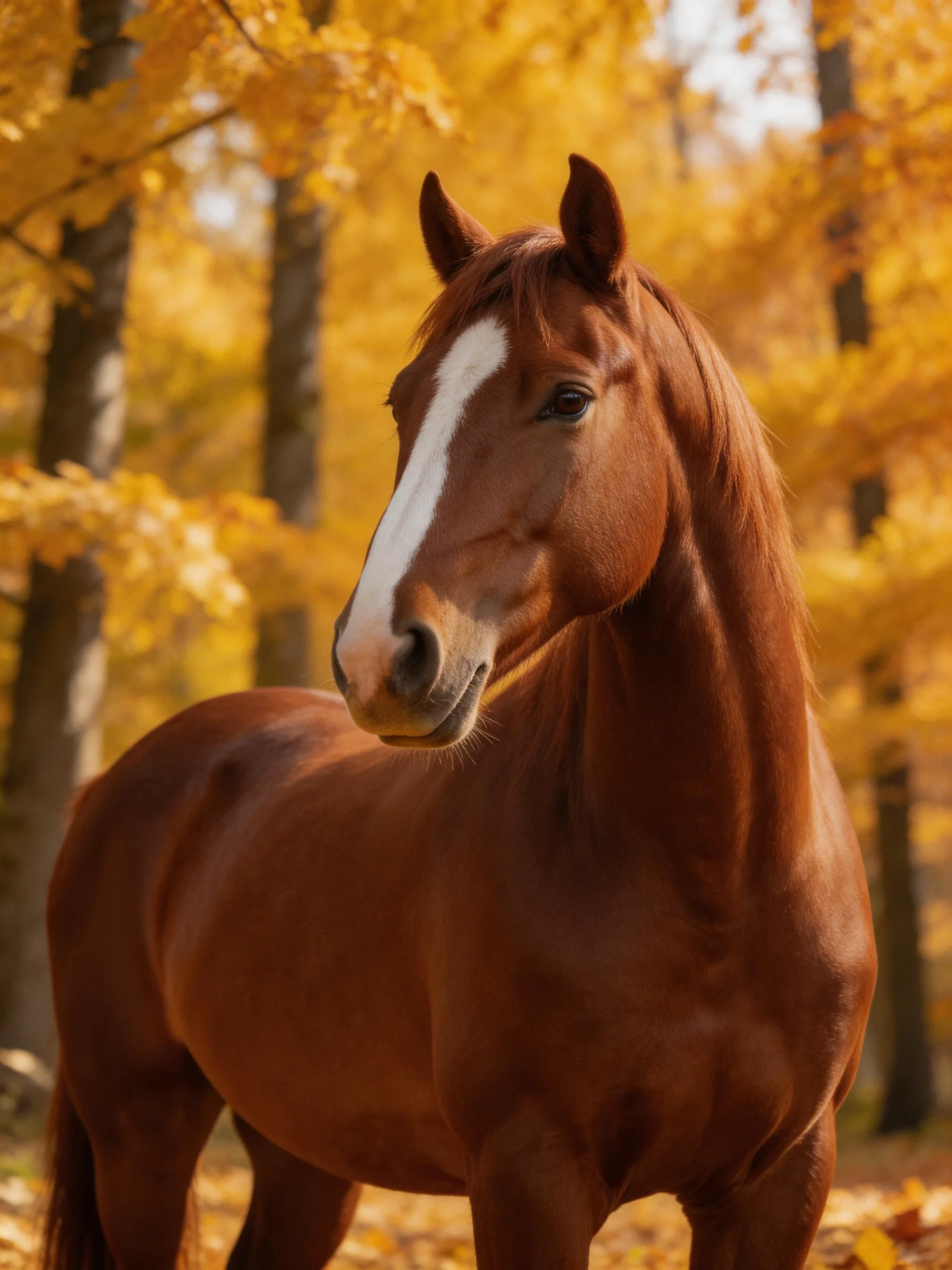 A chestnut horse with a white blaze stands among golden autumn foliage