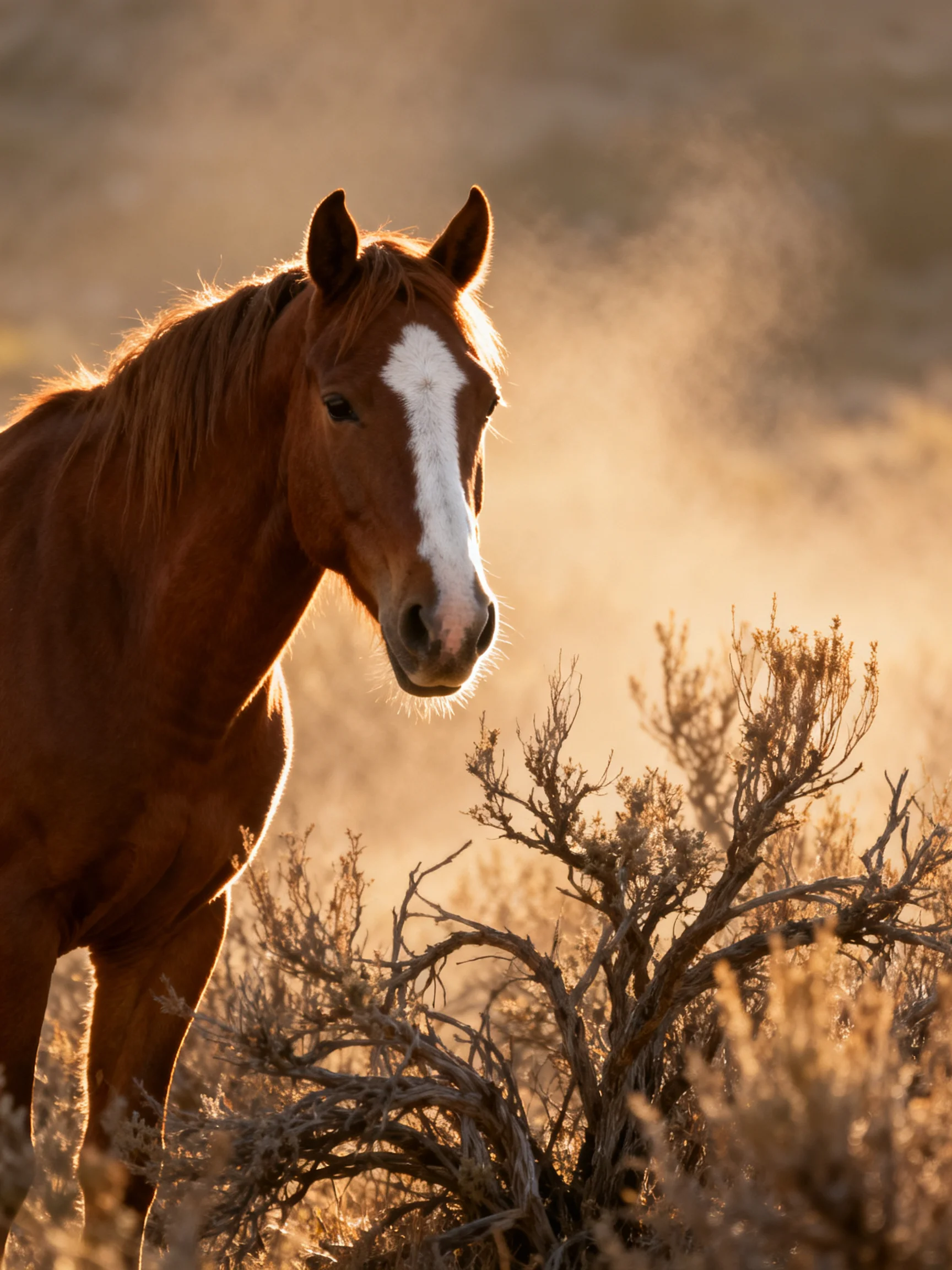 A chestnut horse with a white blaze stands among golden desert shrubs