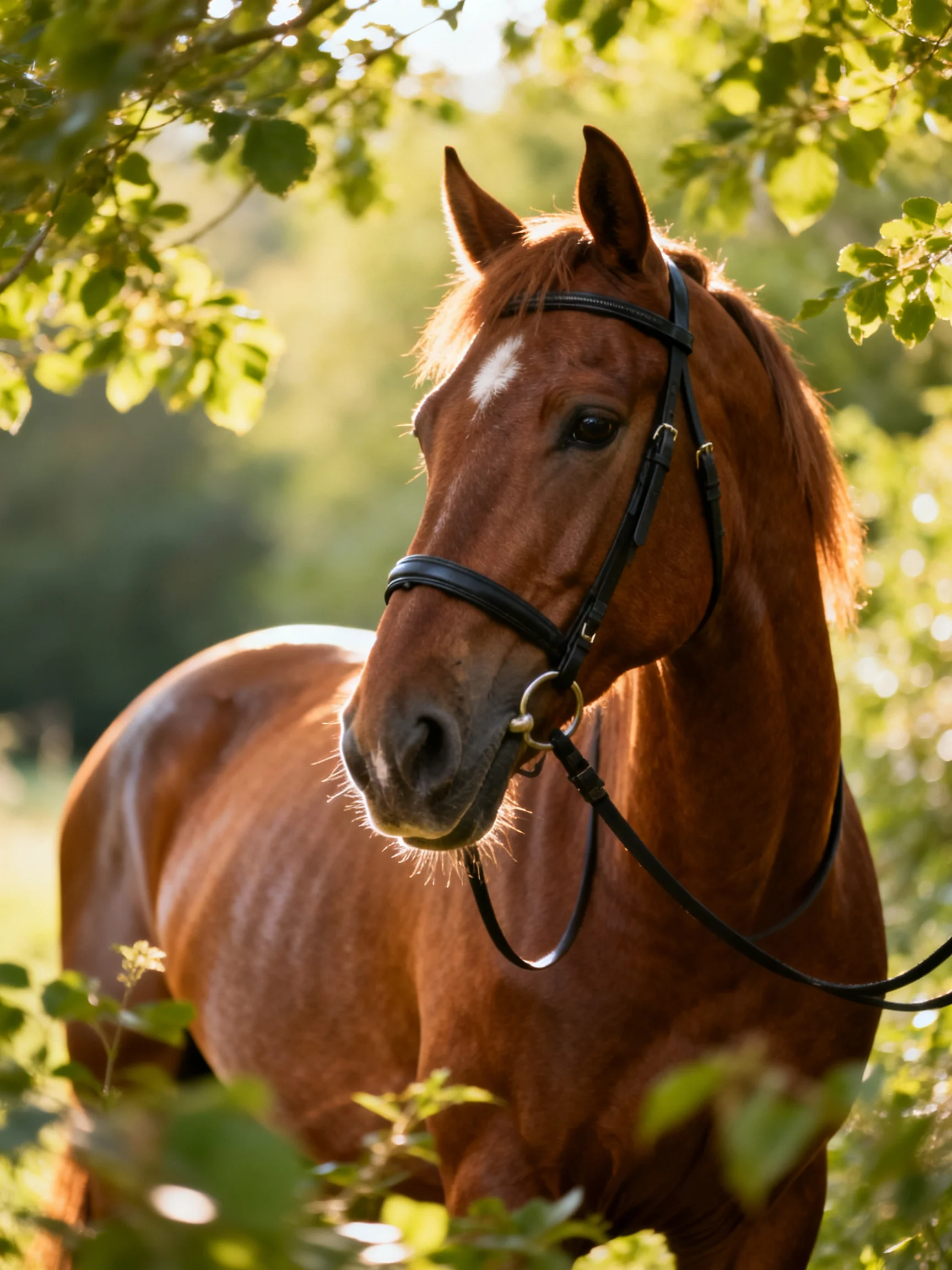 A chestnut horse with a white blaze stands amid sunlit greenery.