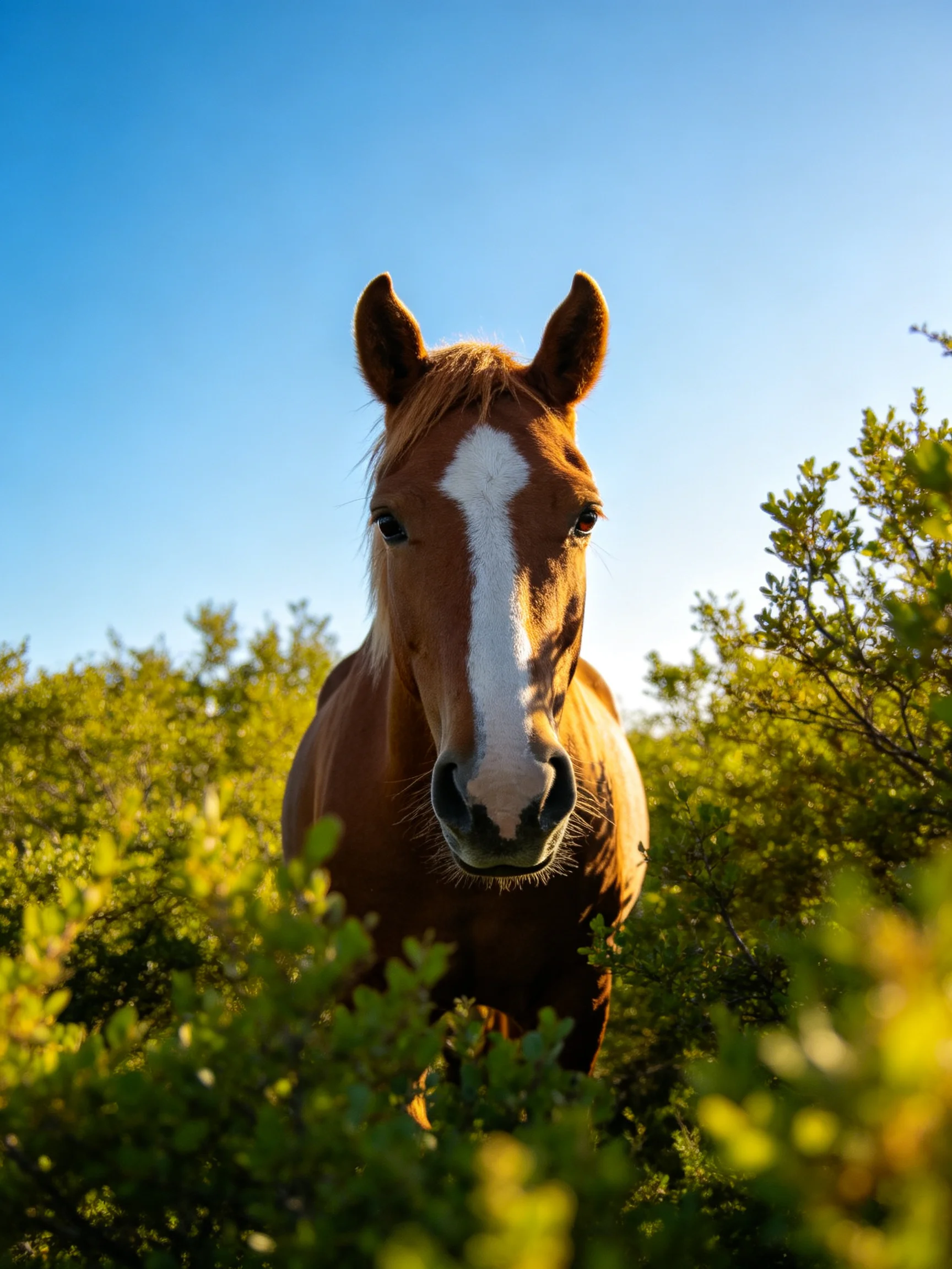 A chestnut horse with a white blaze is surrounded by green foliage beneath a bright blue sky.